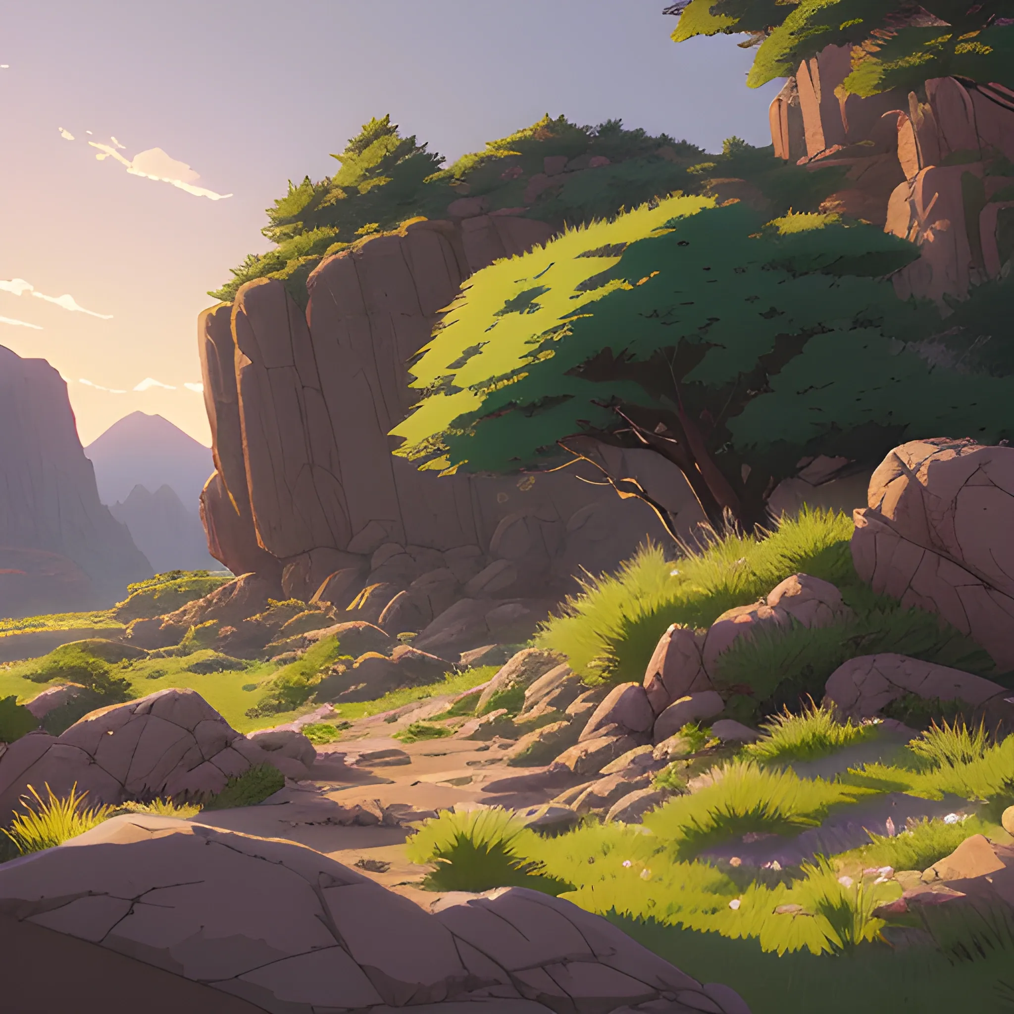 a bush with rocks, grasses and landscape... in the style of makoto shinkai and greg rutkowski and albert bierstadt and james gurney