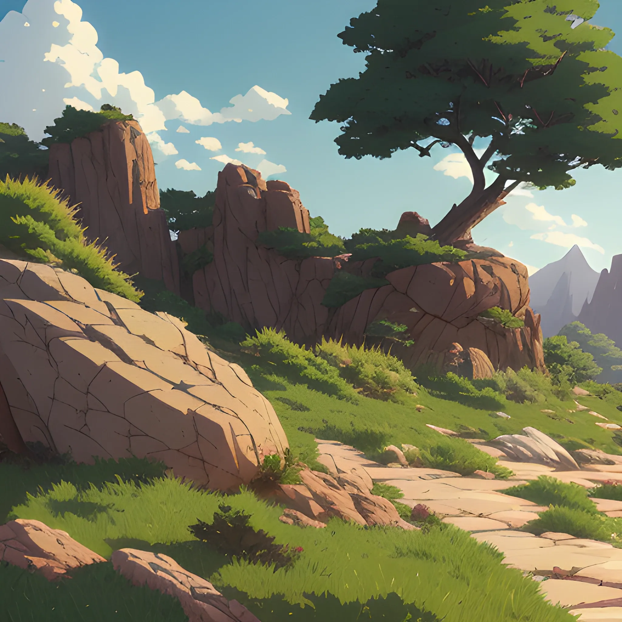 a bush with rocks, grasses and landscape... in the style of makoto shinkai and greg rutkowski and albert bierstadt and james gurney