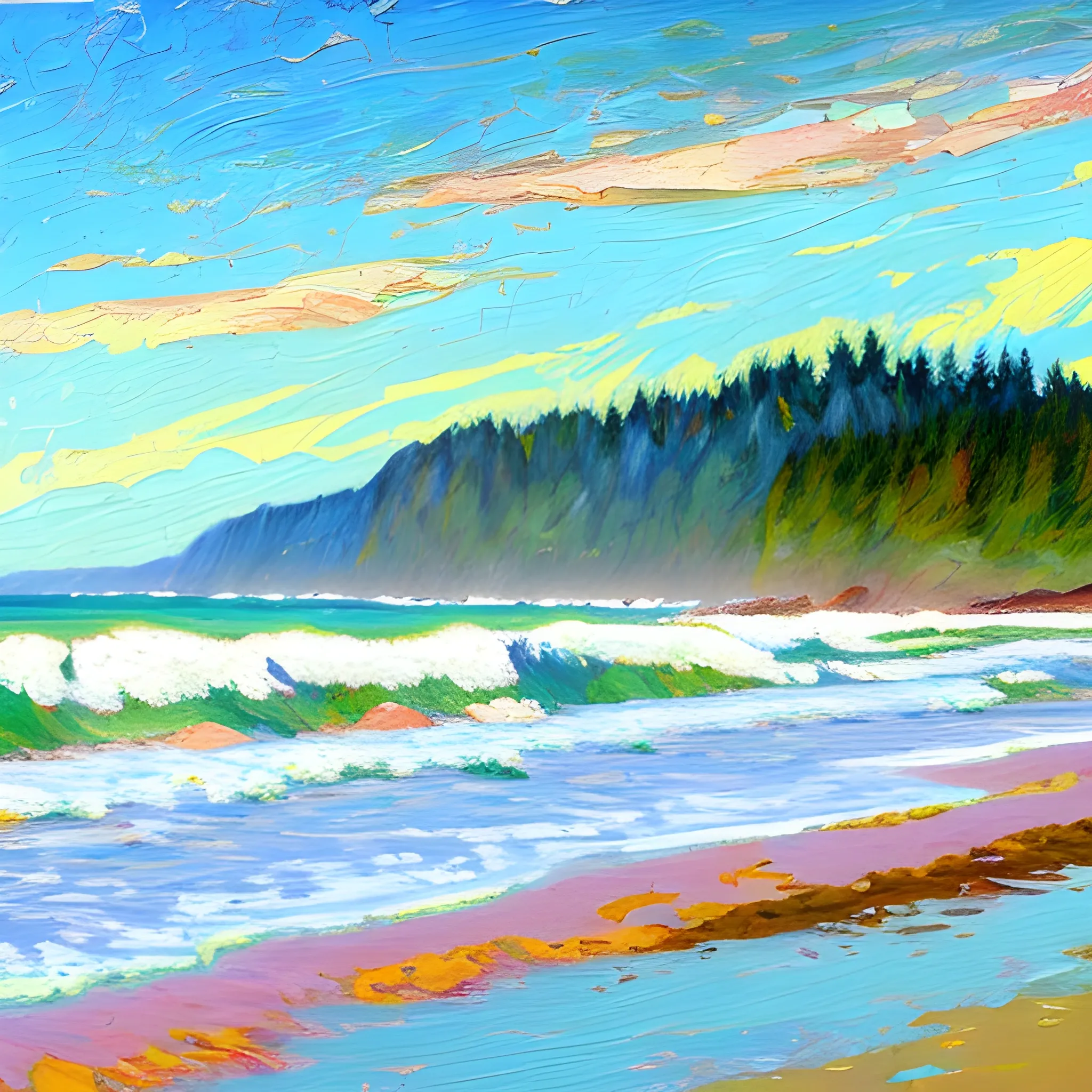 an impressionist style oil painting with bright colours of chesterman beach Tofino Vancouver island