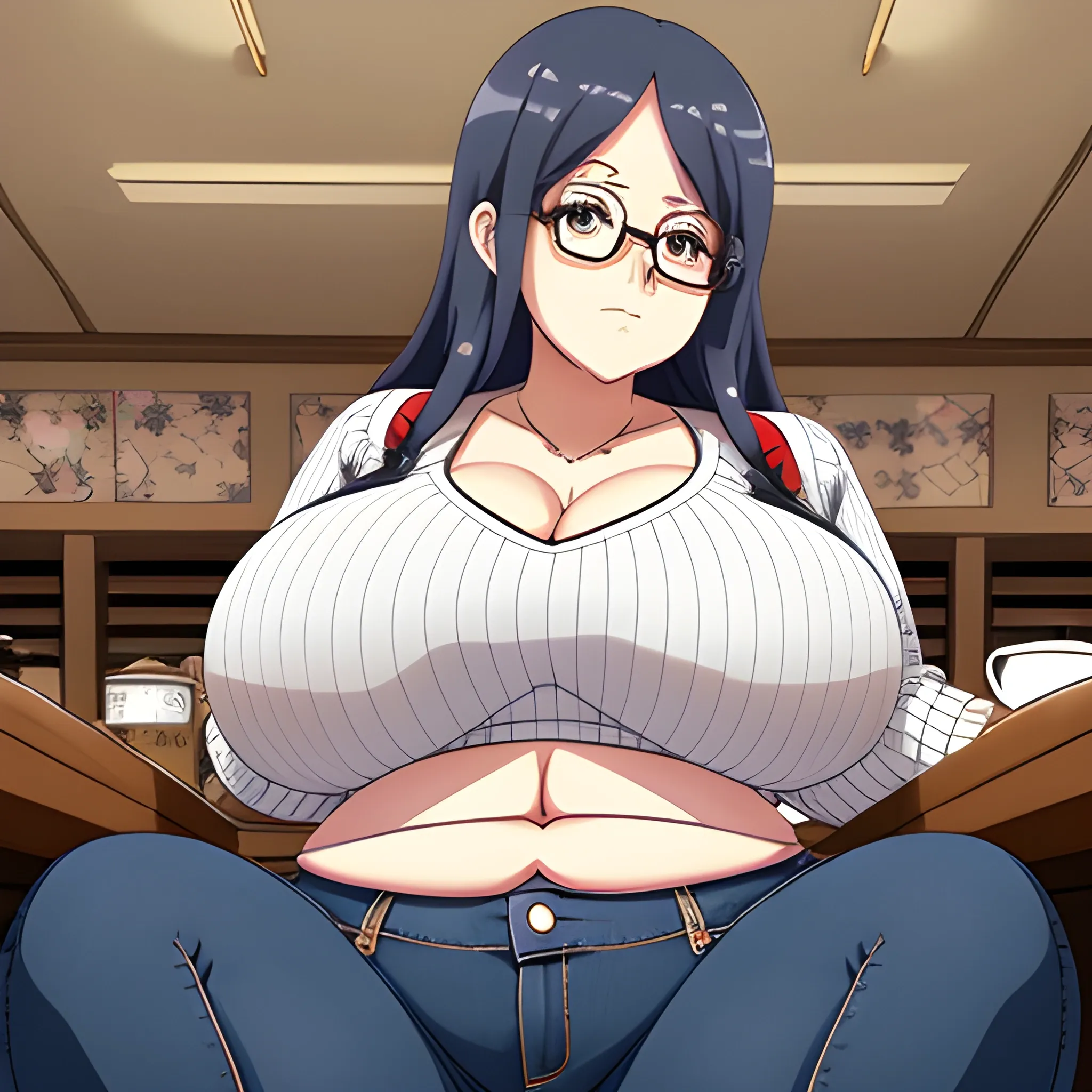 anime thicc huge mommy cute face hugge belly  shy chubby woman size of a gigant hugge titanic top huge bottom thick thighs in jeans sitting , glasses, side view, jeans, wide hips, in cafe, chubby midriff, mature face,, big as a kaiyu