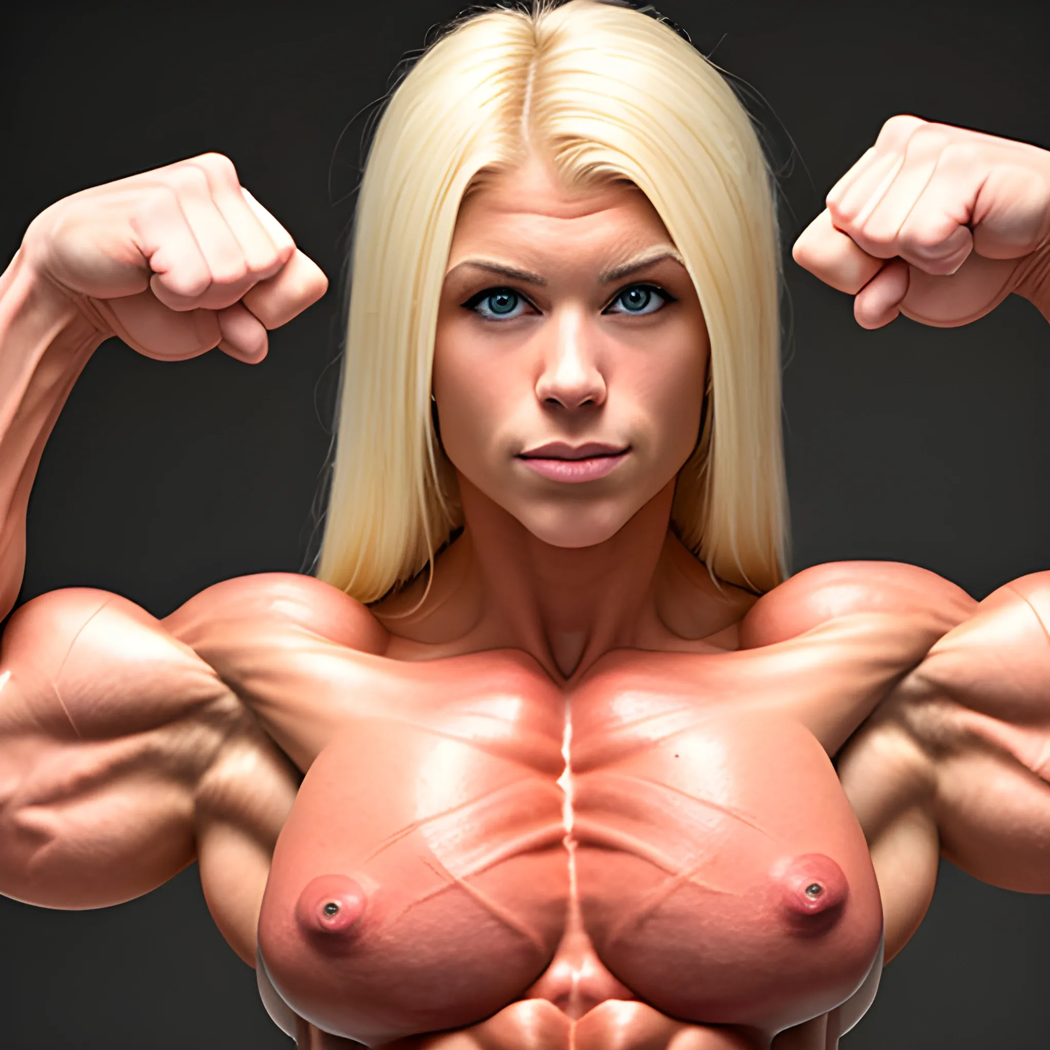 20 year old blonde woman with hyper large shredded muscles, super vascular, and super human strength