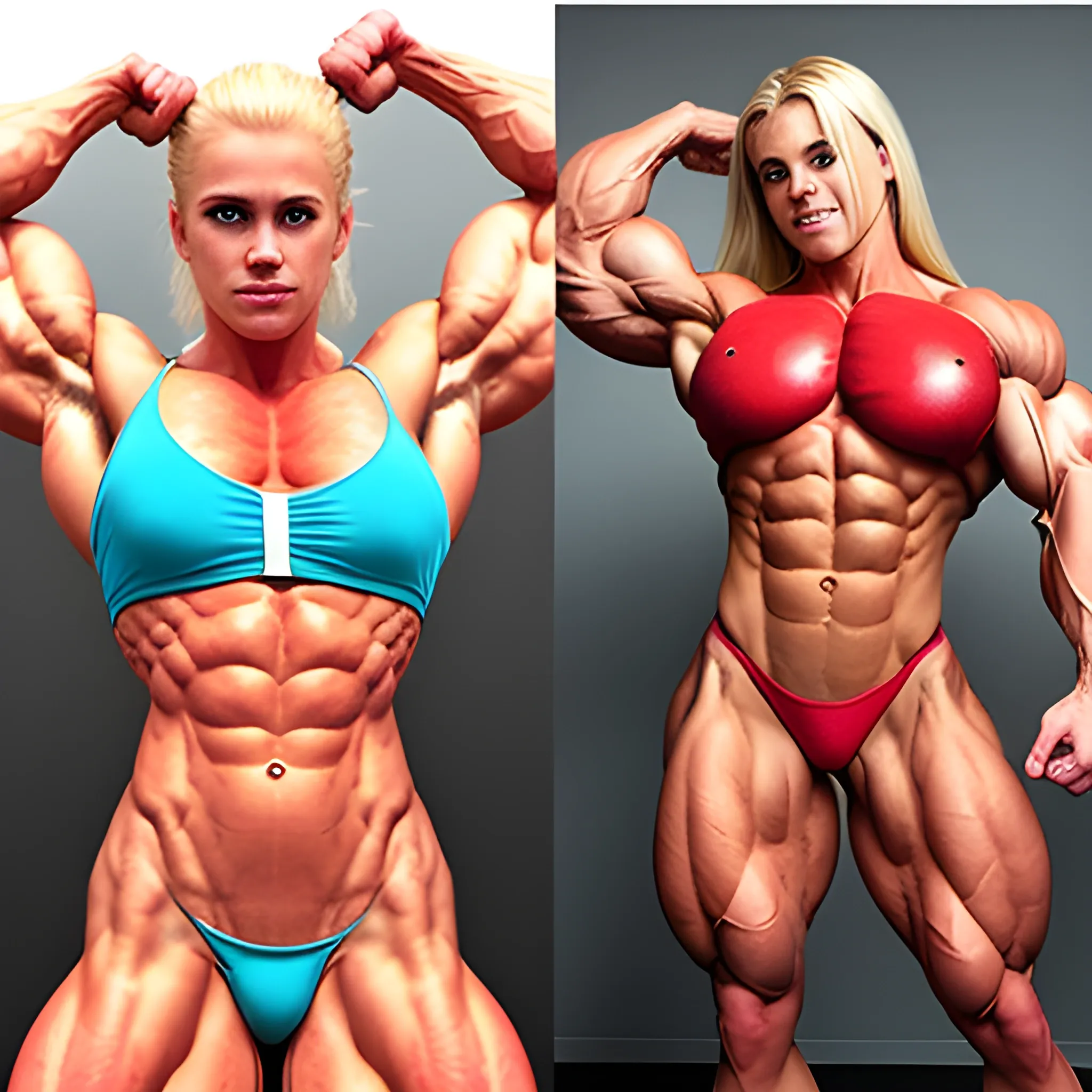 20 year old blonde woman with hyper large shredded muscles, super vascular, and super human strength