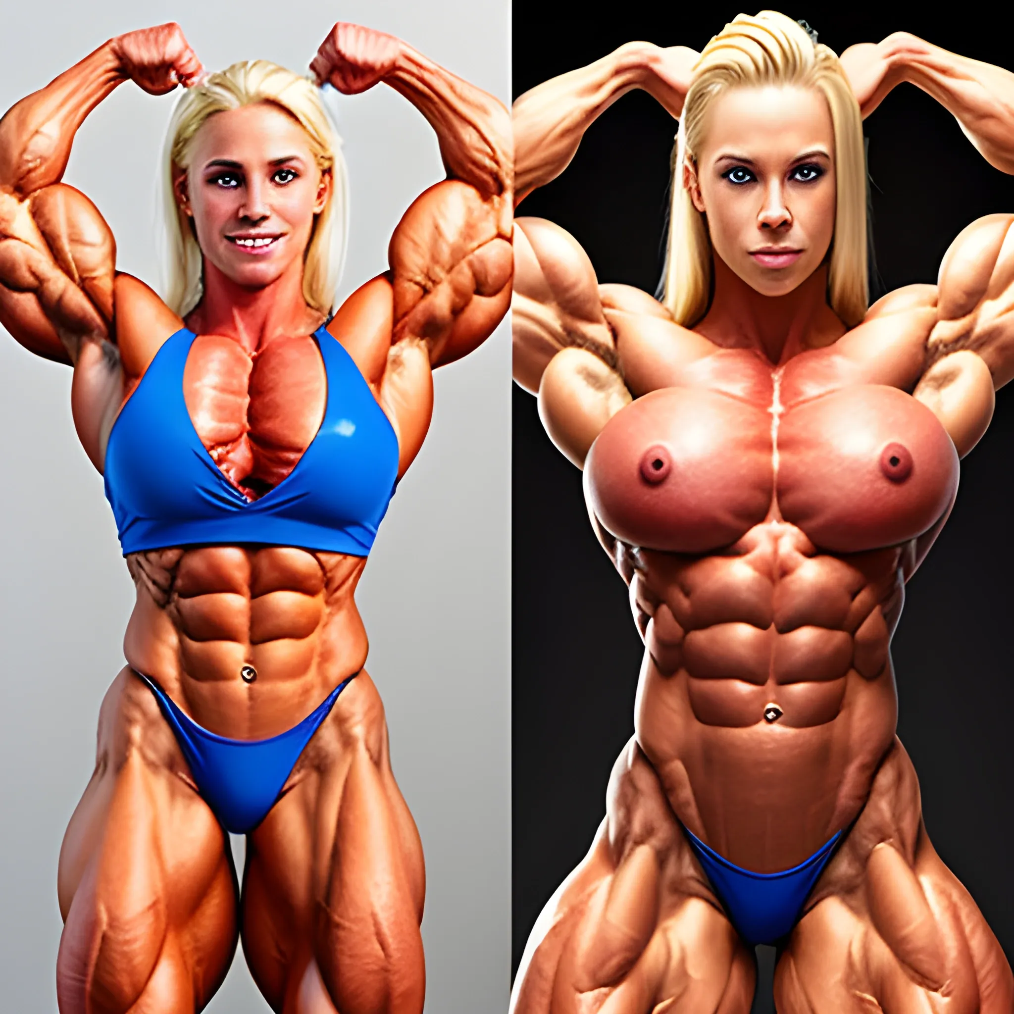 20 year old blonde woman with hyper large shredded muscles, super vascular, and super human strength