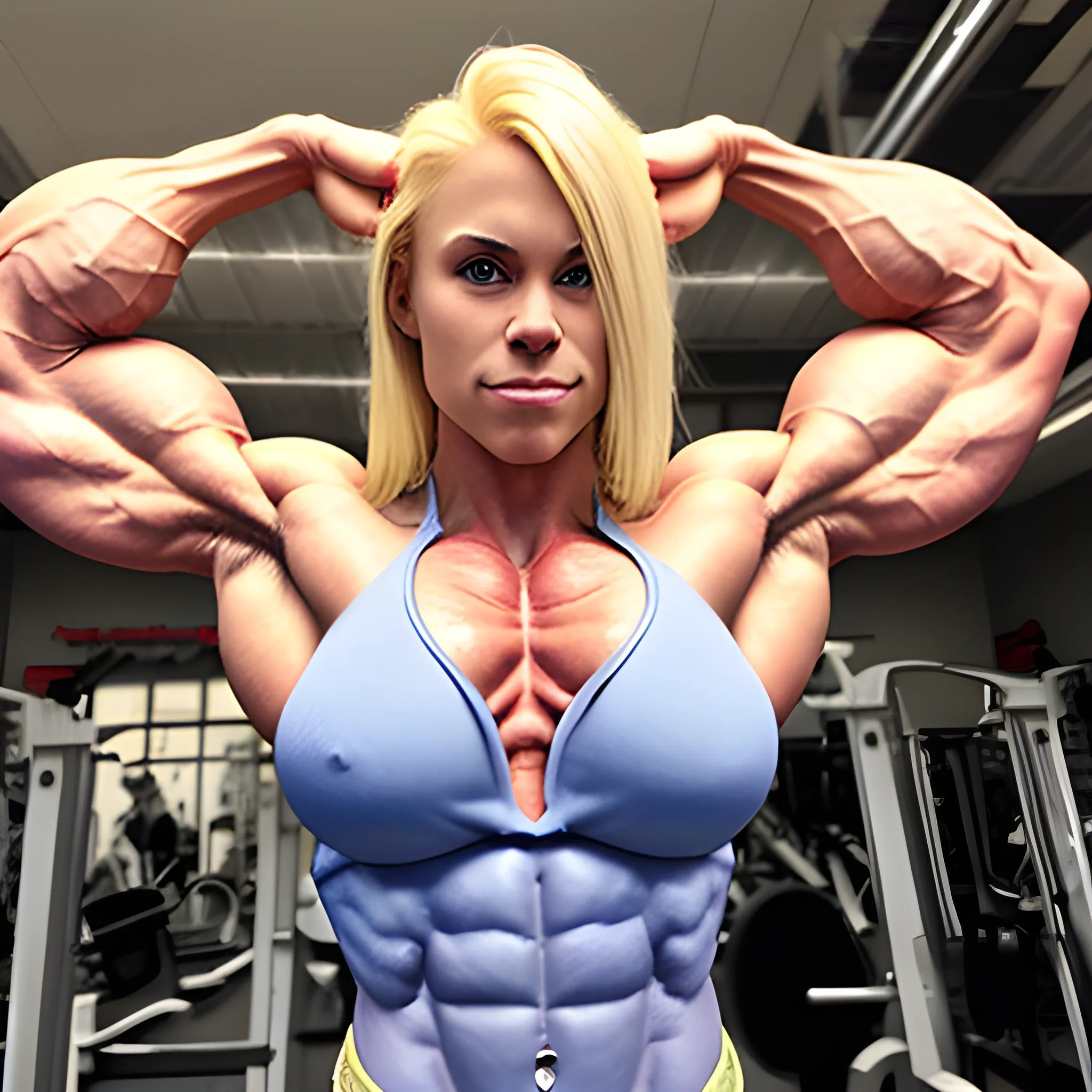 20 year old blonde woman with hyper large shredded muscles, super vascular, and super human strength