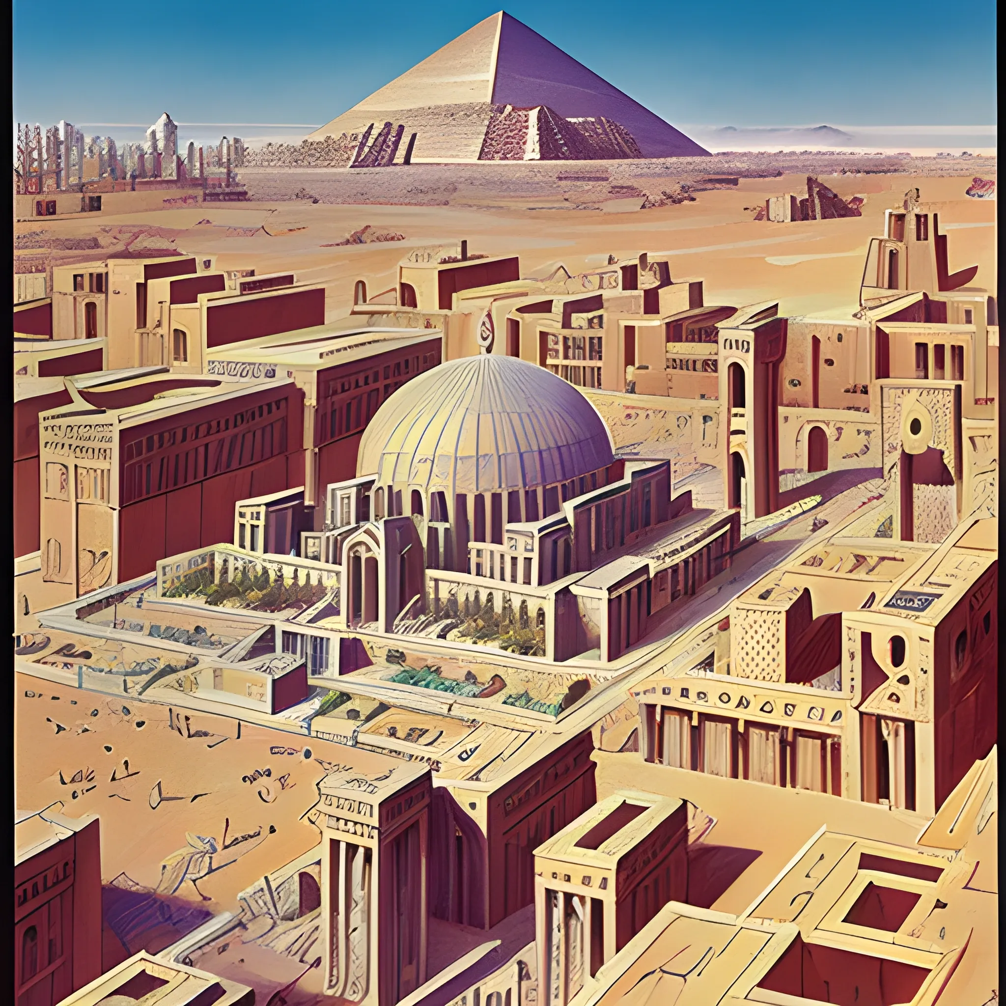 1960 Cairo with greek and Egyptian architecture in aspects of the buildings, drawn in jean Giraud's art style, aerial view