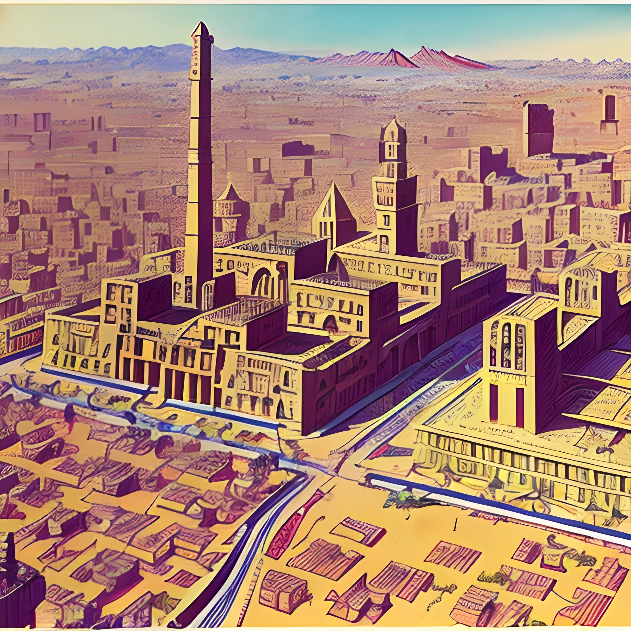 1960's Cairo with greek and Egyptian architecture in aspects of the buildings, drawn in jean Giraud's art style, aerial view