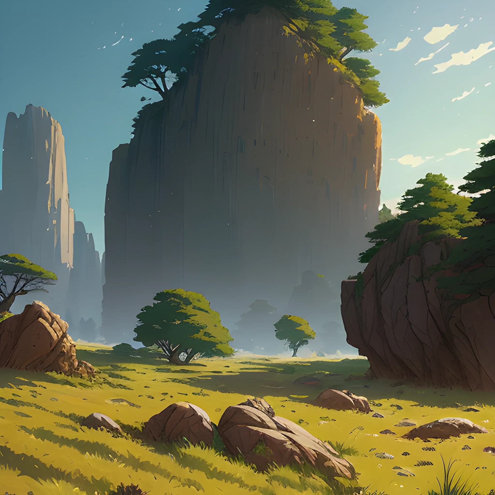 a bush with giants rocks, grasses... in the style of makoto shinkai and greg rutkowski and albert bierstadt and james gurney