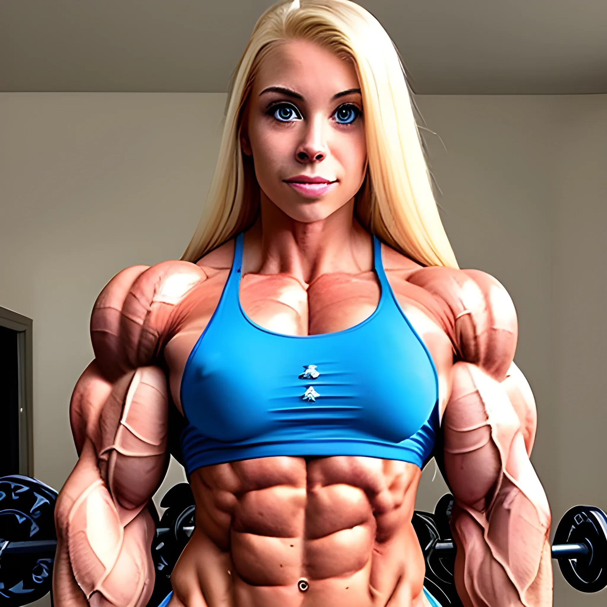 20 year old blonde woman with hyper large shredded muscles, super vascular, and super human strength