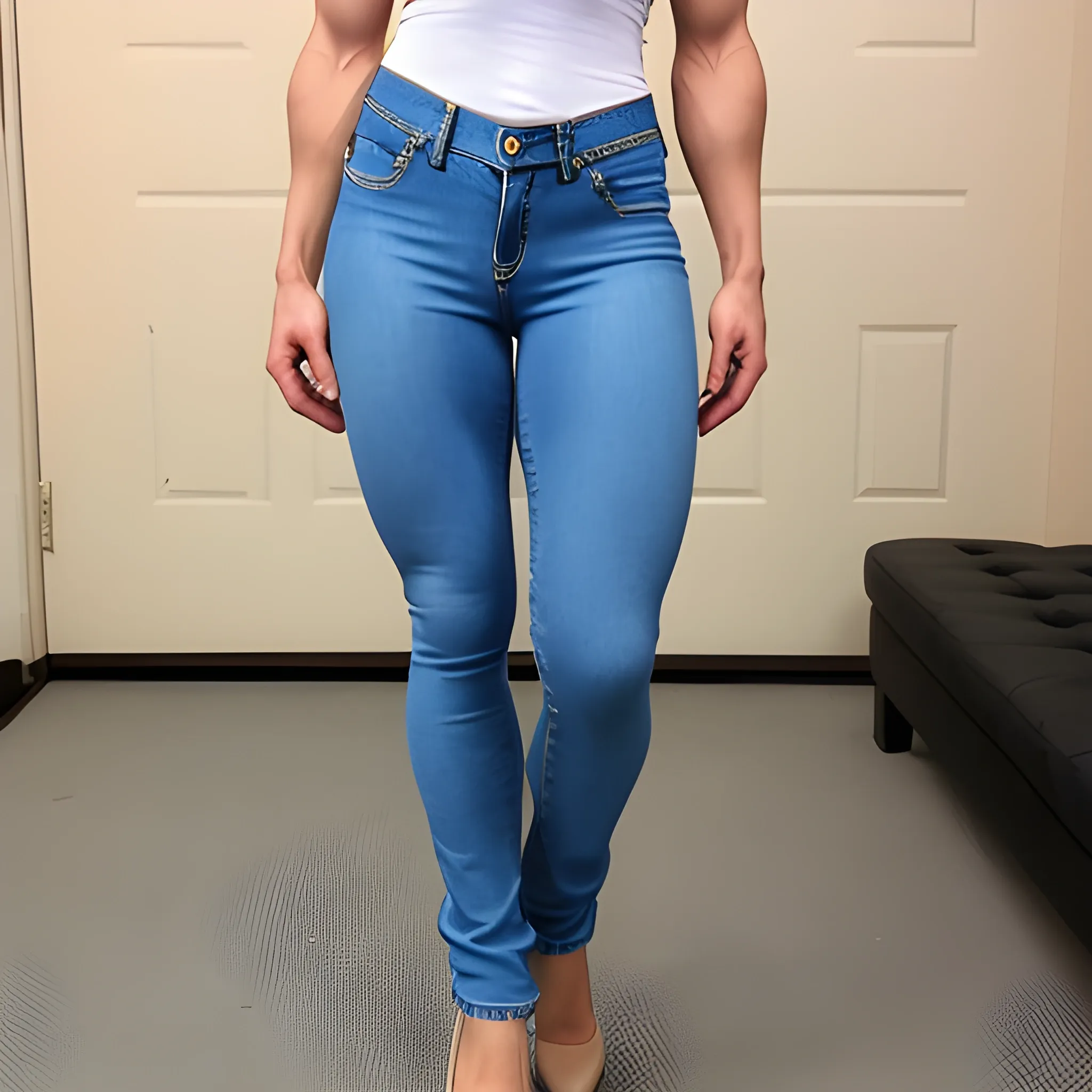 20 year old Petite blonde muscle woman  in tight denim jeans