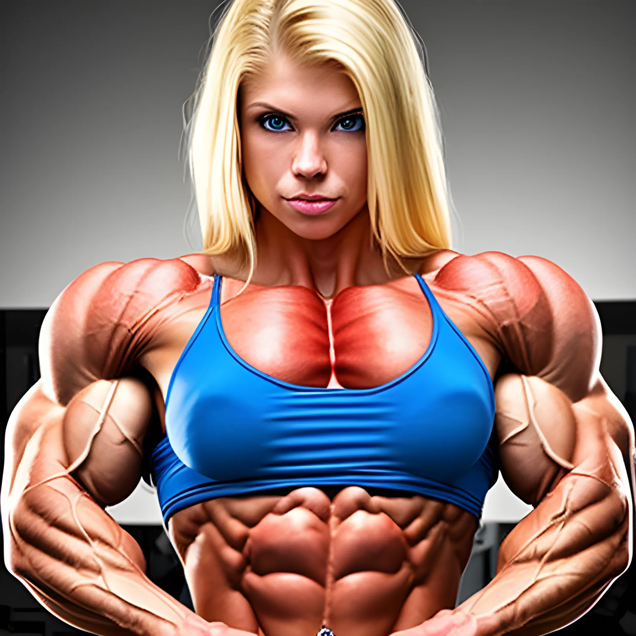 20 year old blonde woman with hyper large shredded muscles, super vascular, and super human strength