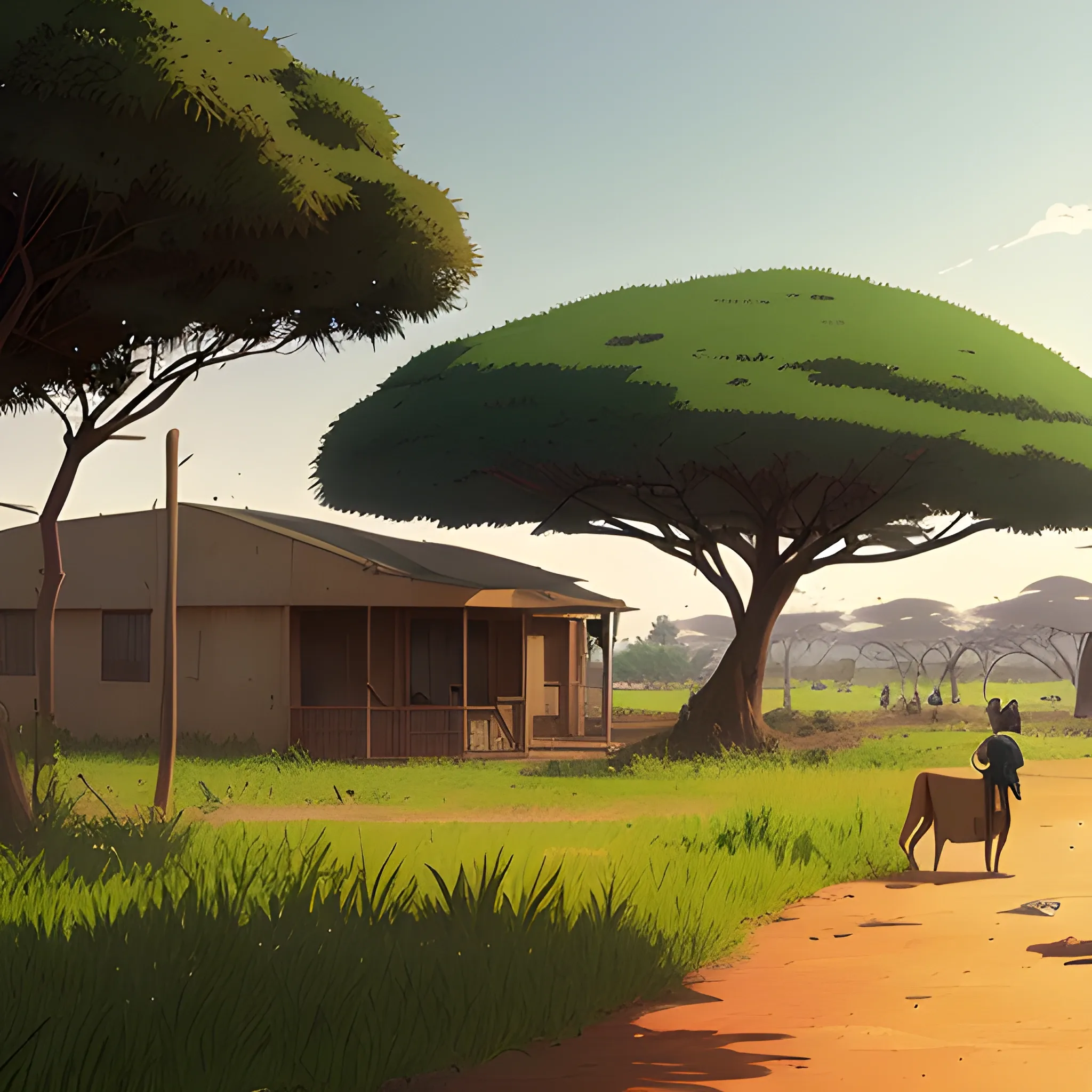 an african suburb, with grass... in the style of makoto shinkai and greg rutkowski and albert bierstadt and james gurney