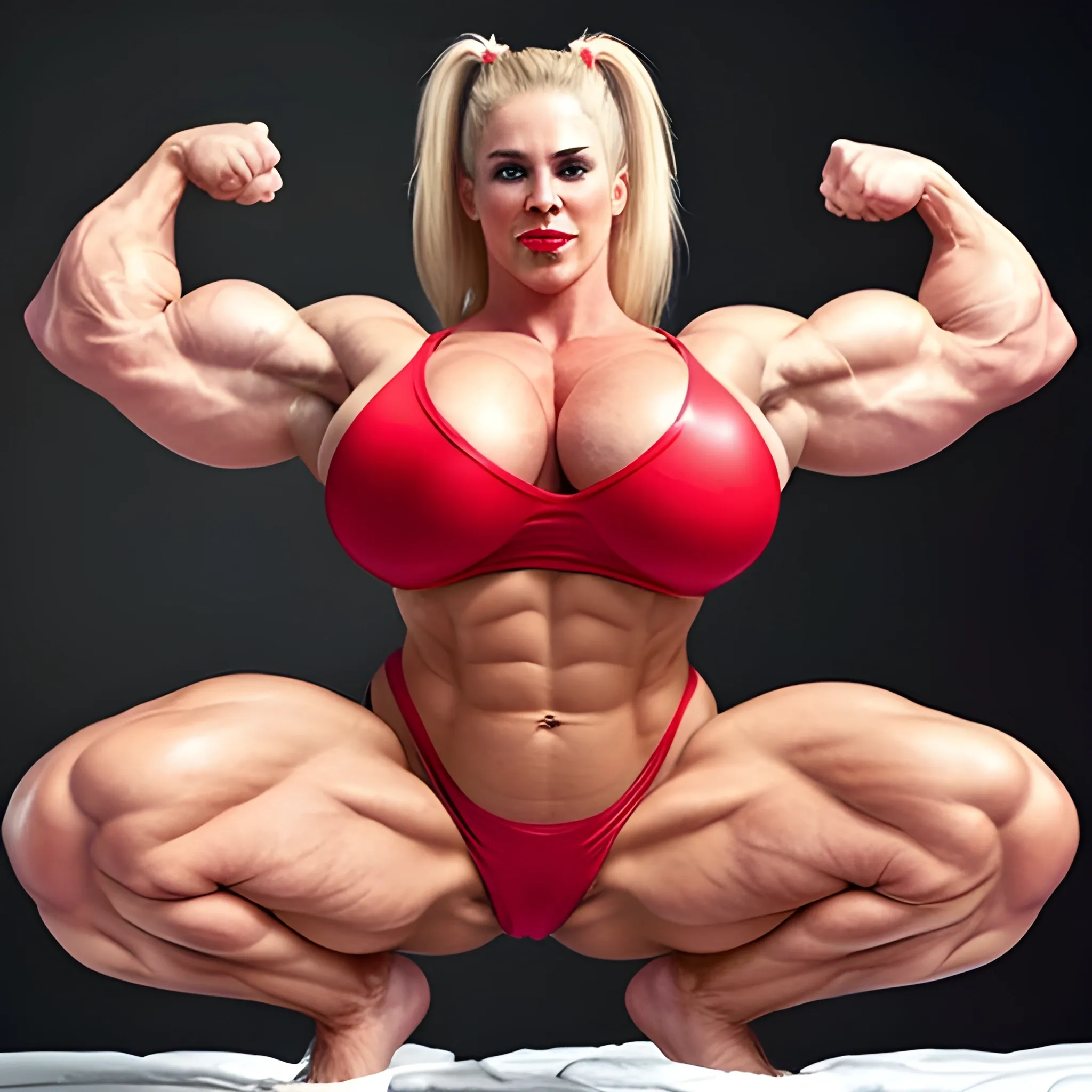 extremely beautiful 600 lbs Swedish HUGE female bodybuilding competitor, with blonde hair in ponytail, with large breast implants, perfect in every way, with unusually large bicep peaks, with very narrow waist, with very slender hips, with long thick muscular legs, full red lips, with perfect teeth, craving sex, wanton, licking lips, with tight firm buttocks, wearing nightgown , evil eyes, flexing thick pectoral muscles, kneeling on bed, view from front