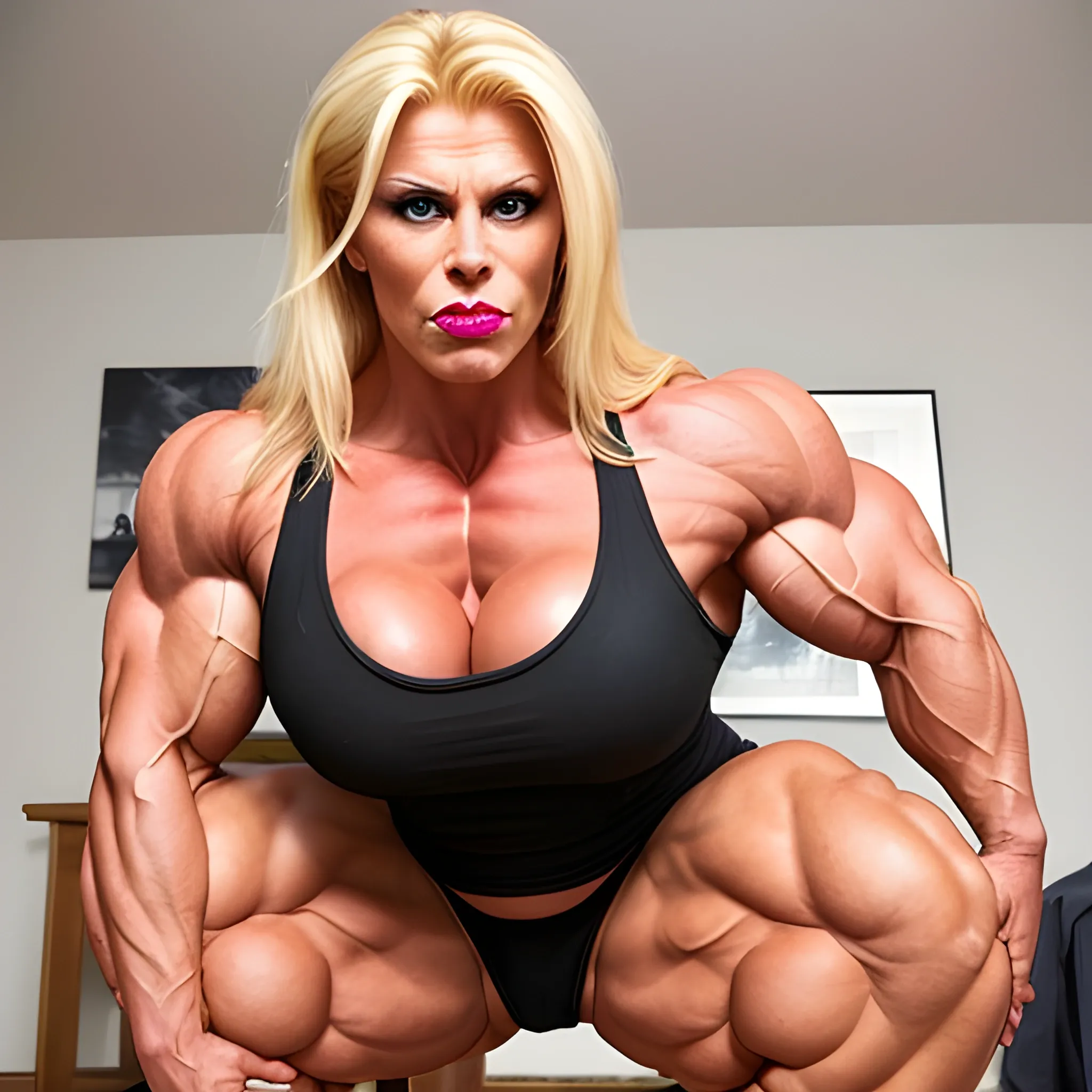 extremely beautiful 600 lbs Swedish HUGE female bodybuilding competitor, with blonde hair in ponytail, with large breast implants, perfect in every way, with unusually large bicep peaks, with very narrow waist, with very slender hips, with long thick muscular legs, full red lips, with perfect teeth, craving sex, wanton, licking lips, with tight firm buttocks, wearing nightgown , evil eyes, flexing thick pectoral muscles, kneeling on bed, view from front