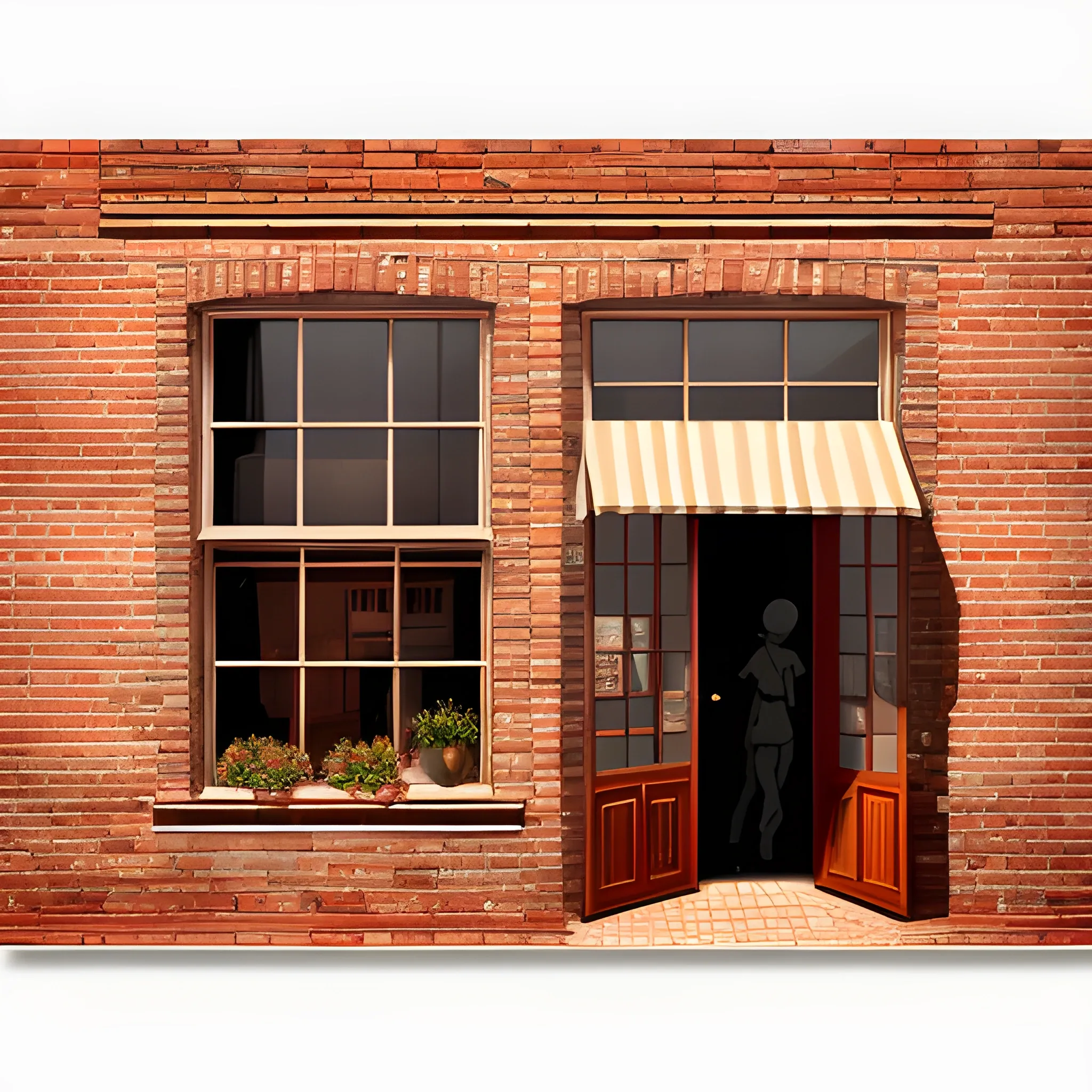 the front view of A brick wall restraunt with 3 stories  and 3 windows with a door in the middle and a silhouette of people in the window enjoying their food  oil painting 

, Oil Painting