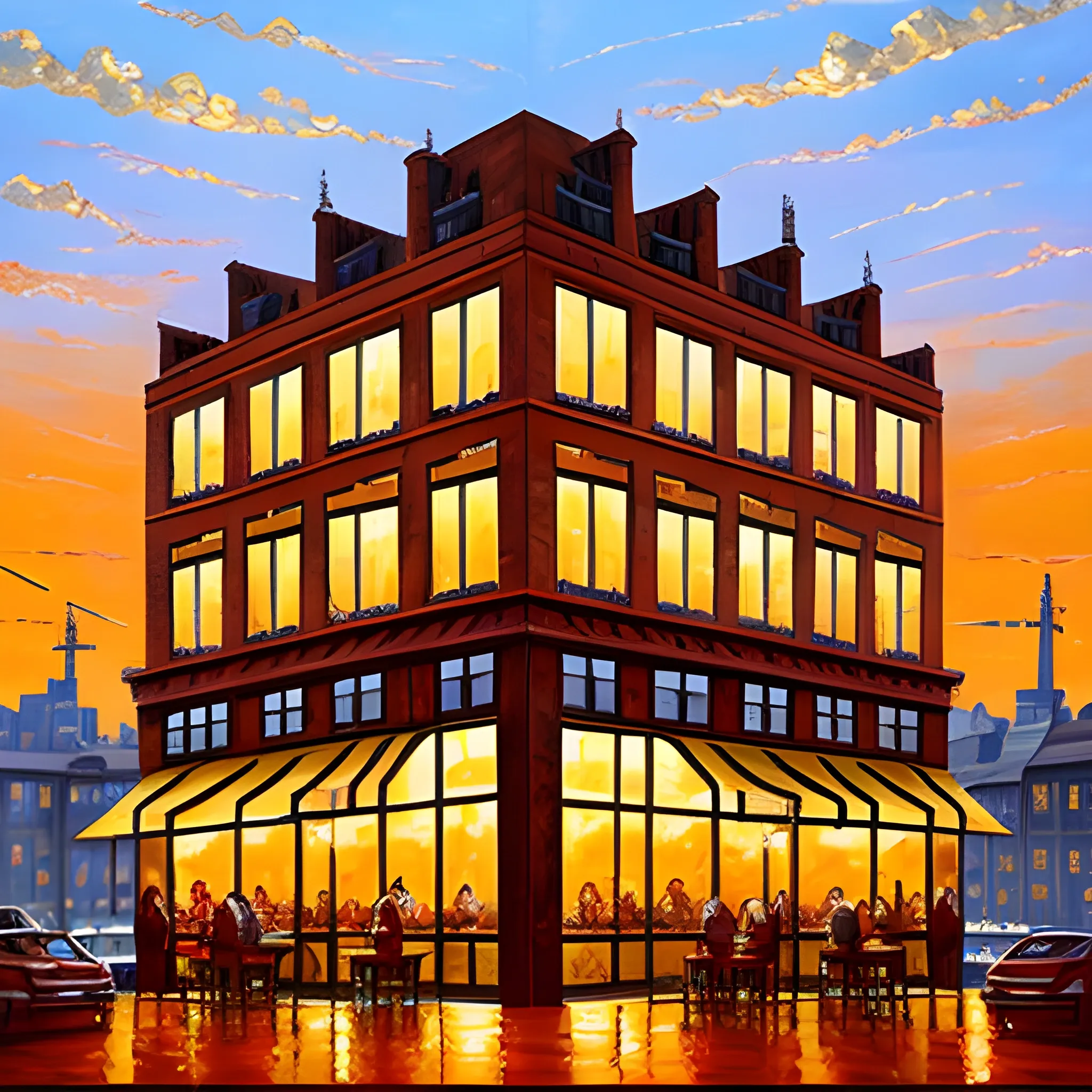 the front view a tall building  of A  brick wall restaurant  with 3 stories  and 3 windows on each floor with a door in the middle and a silhouette of people in the windows enjoying their food  oil painting warm color 

, Oil Painting