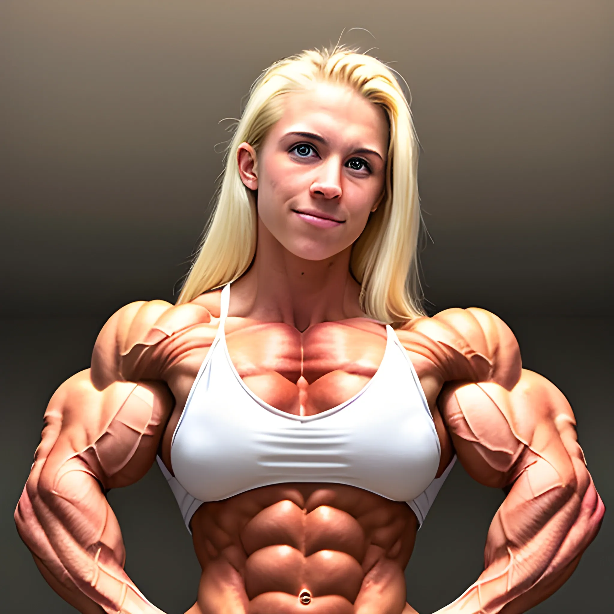 20 year old blonde woman with hyper large shredded muscles, super vascular, and super human strength , hands on hips flex lats