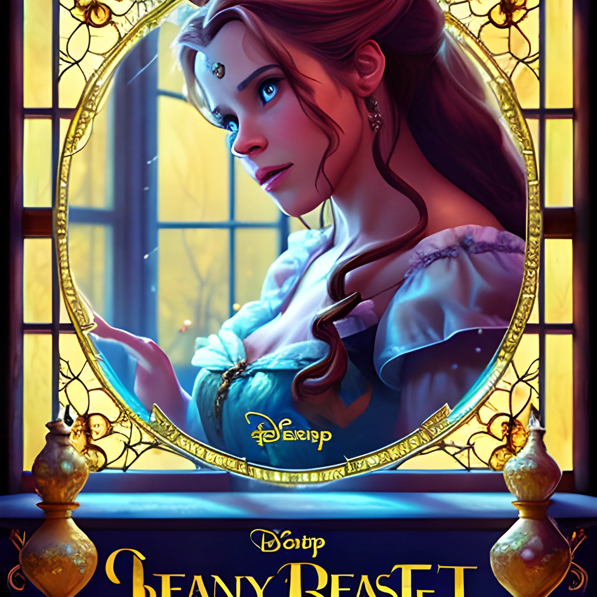 a beauty and beast poster with a glass window