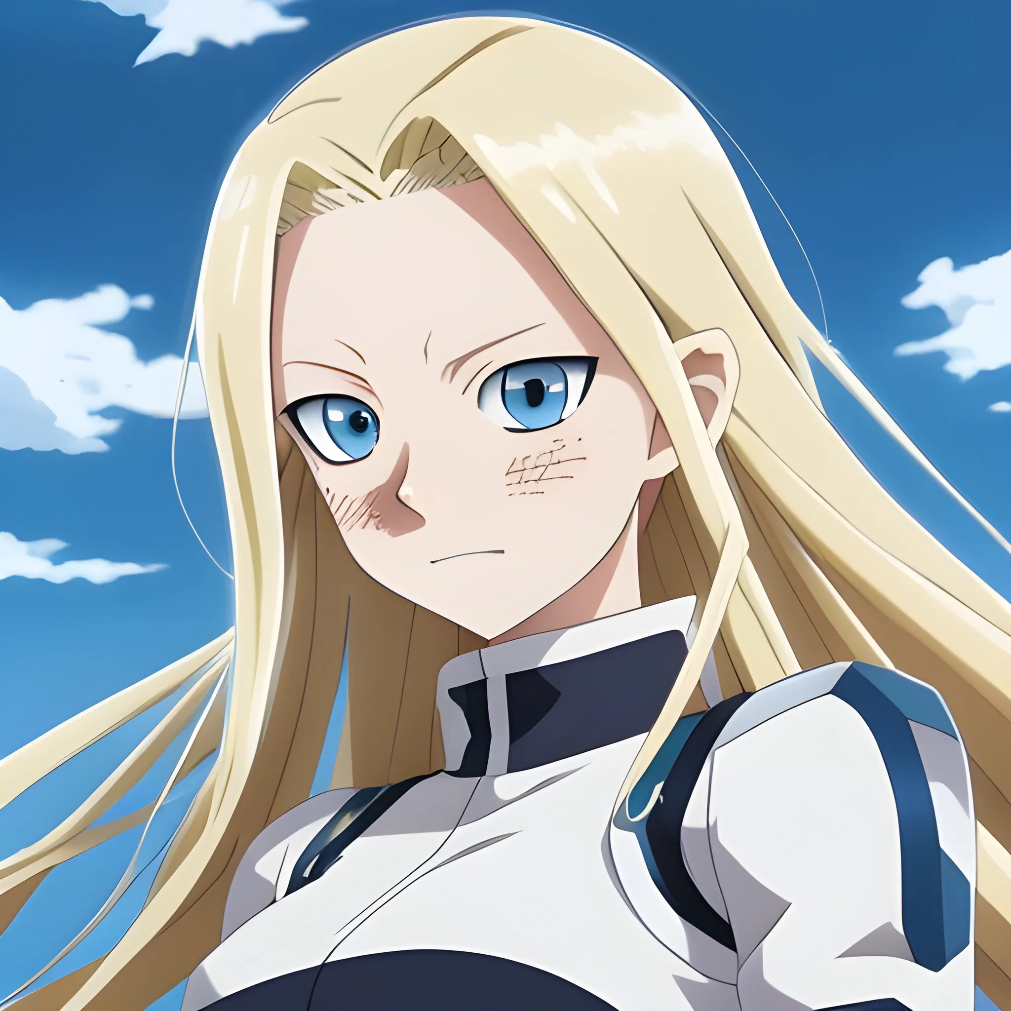 Female, pale skin, sky blue eyes, long light blonde hair, my hero academia anime