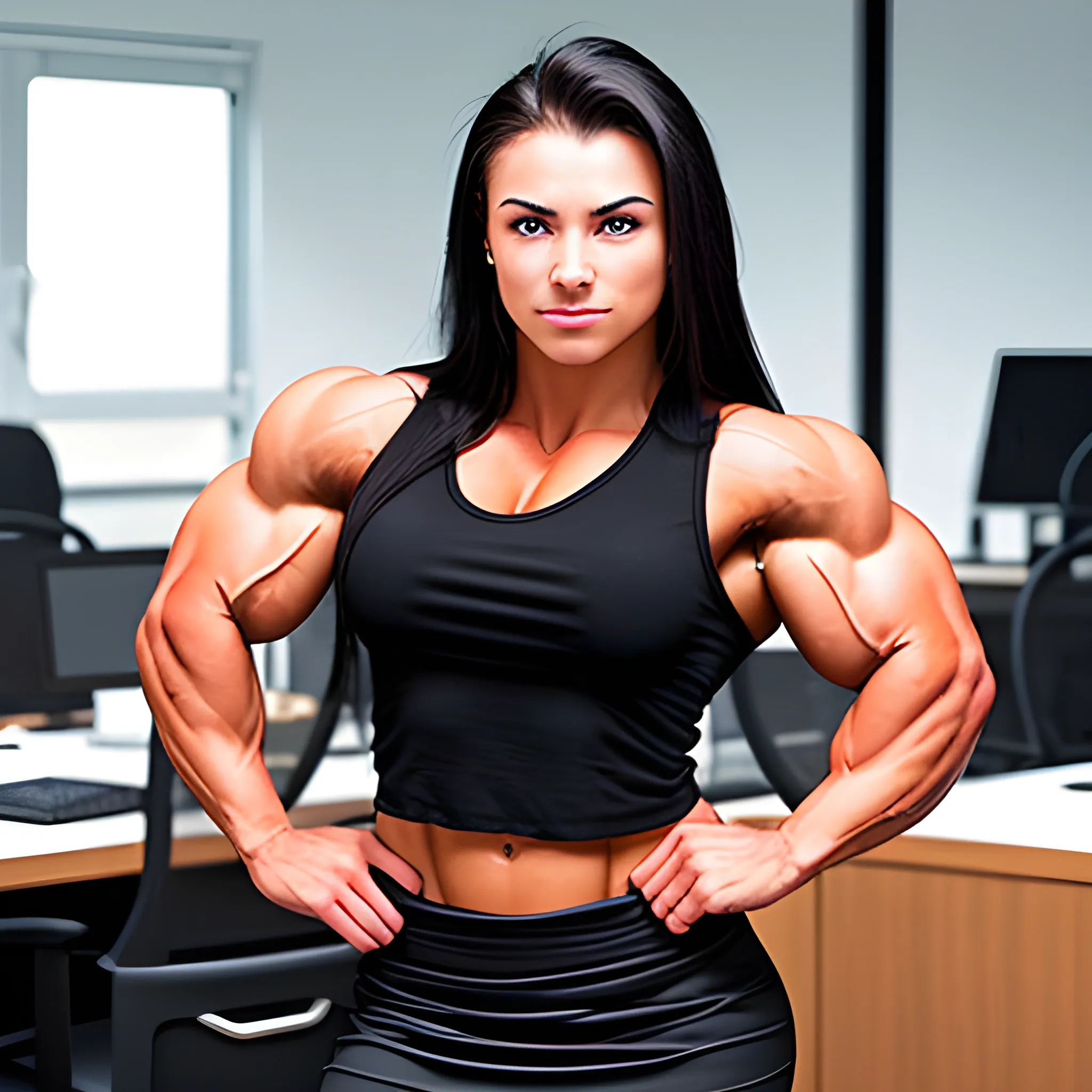 20 year old hyper muscle woman female bodybuilder wearing a black business skirt, wearing a white business shirt working in office