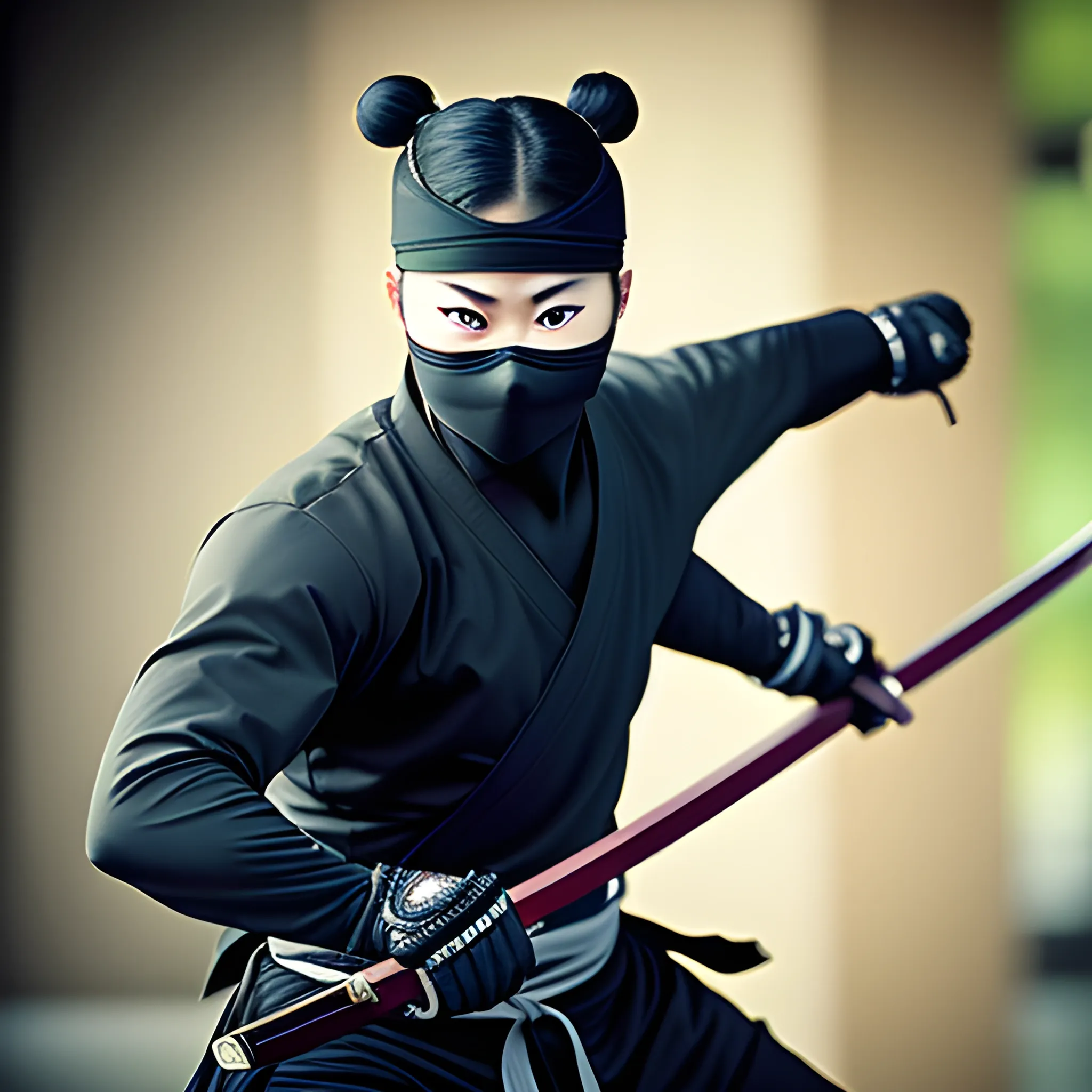 ninja with katana hyper realistic, ultra detailed photograph of a  depth of field, HOF, hall of fame, natural body posture, professional photographer, captured with professional DSLR camera, 64k, ultra detailed, ultra accurate detailed, medium bokeh lighting