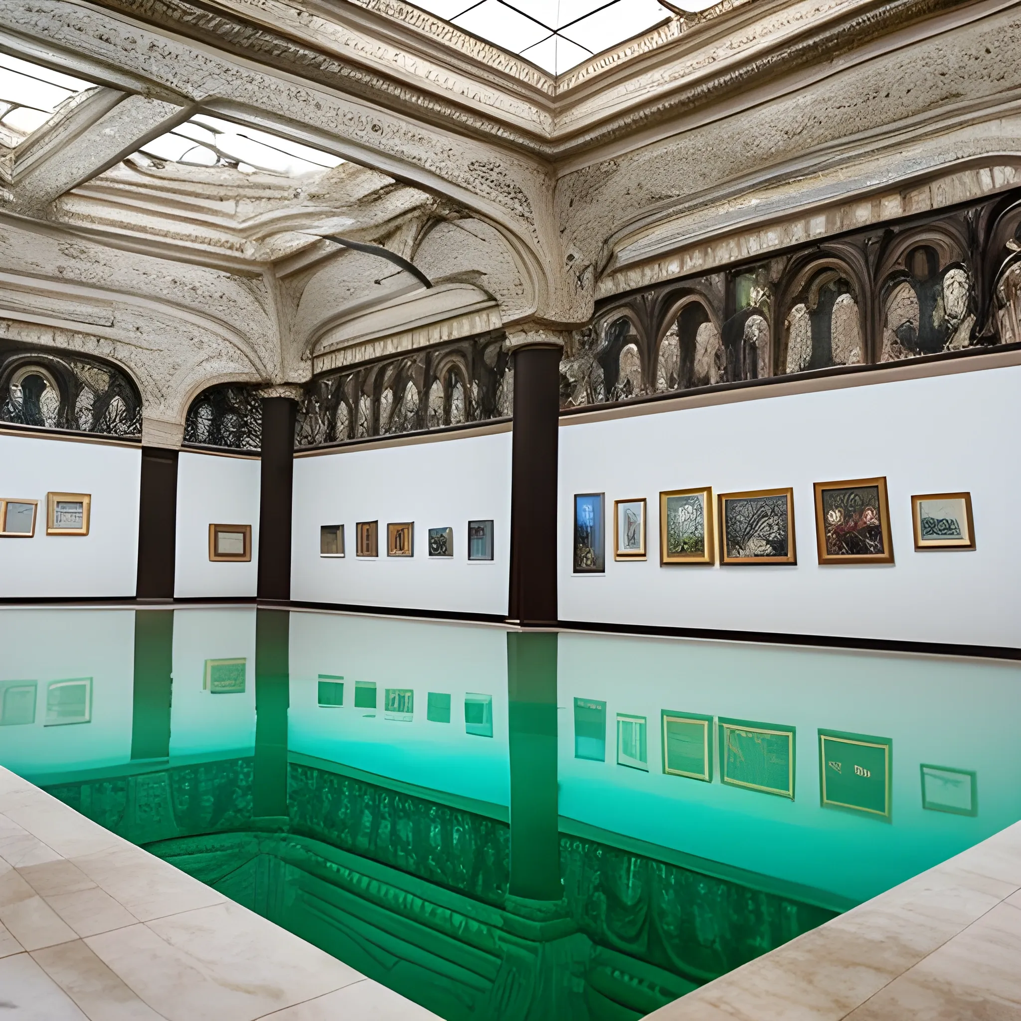 Quiero una imagen detallada tipo fotografia del interior de las salas de un museo de arte. Las obras expuestas reflejan agua, cultura y arte
