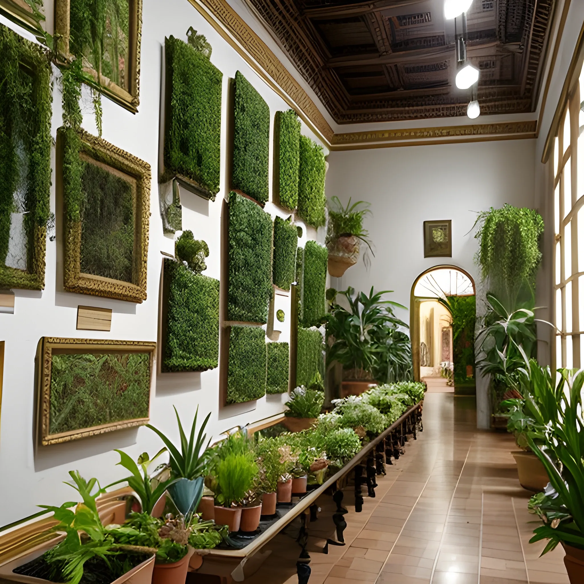 Quiero una imagen detallada tipo fotografia del interior de las salas de un museo de arte. hay muchas plantas y tiene aspecto colonial
