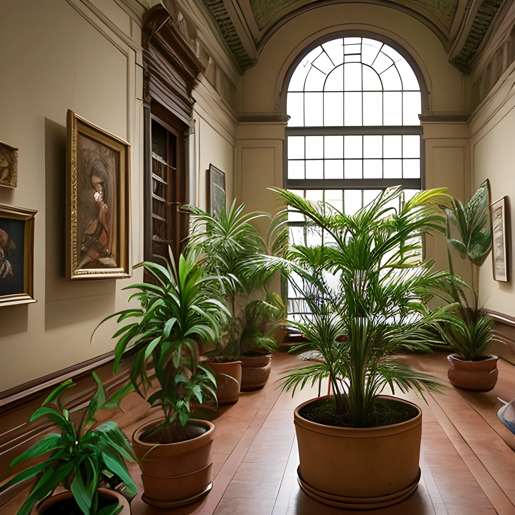 Quiero una imagen detallada tipo fotografia del interior de las salas de un museo de arte. hay algunas plantas de decoracion y obras paisajisticas. tiene aspecto colonial
