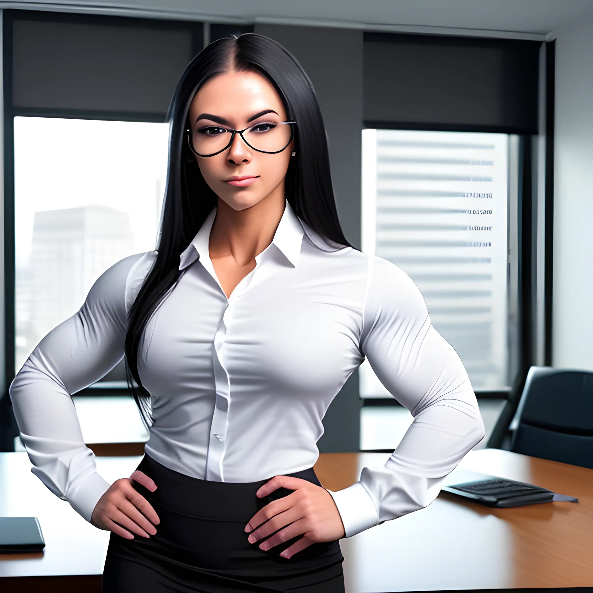 20 year old hyper muscle woman female bodybuilder wearing a black business skirt, wearing black rimmed eyeglasses, wearing a long sleeve white business shirt flexing in office, view upper body