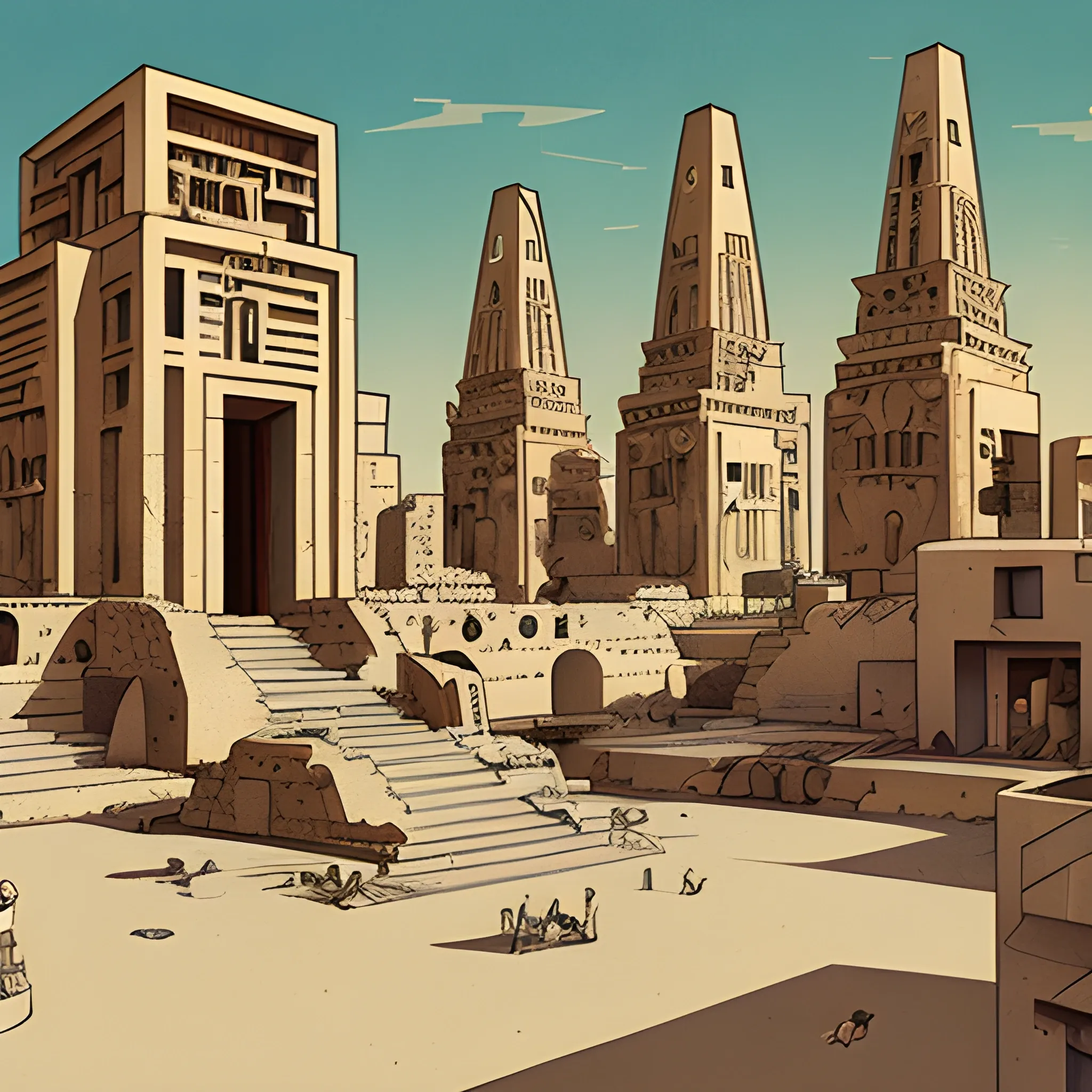 1960's Ciaro, neobyzantine architecture mixed with aspects of egyptian architecture, drawn in Jeaan Giraud's art style