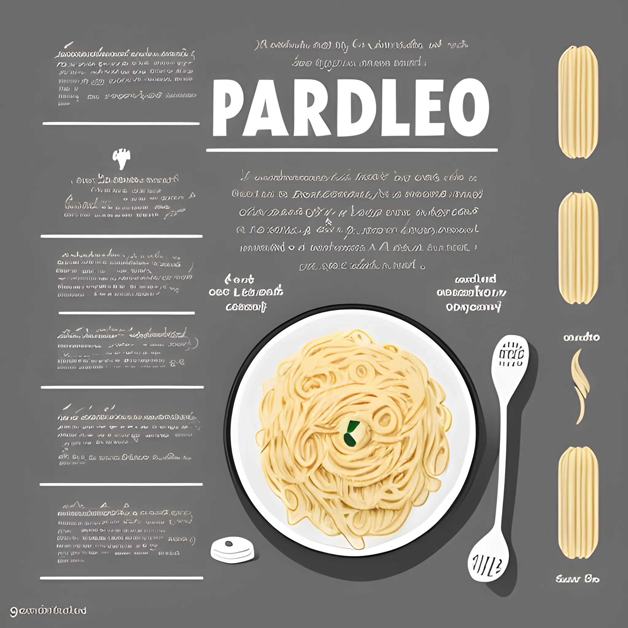 Cartoonic minimal alfredo pasta recipe illustration, with summarized instructions written in English , Cartoon