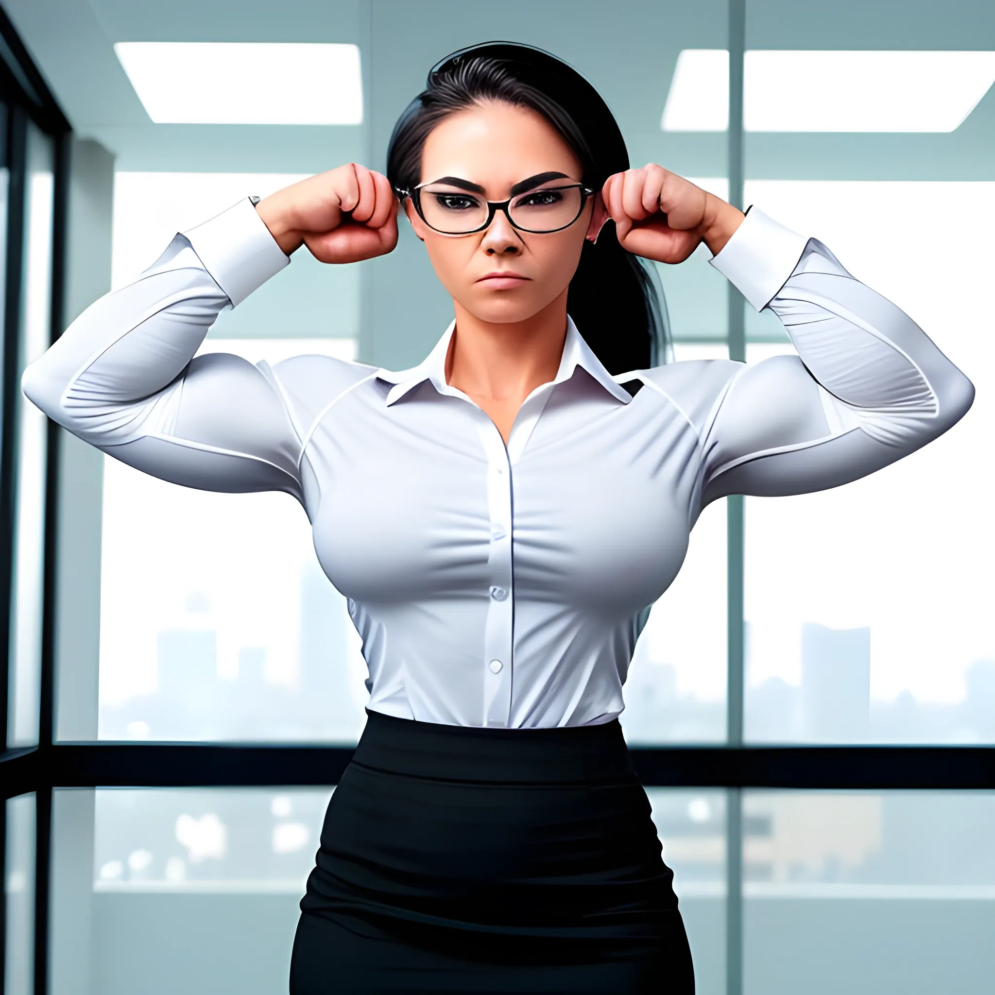 20 year old hyper muscle woman female bodybuilder wearing a black business skirt, wearing black rimmed eyeglasses, wearing a long sleeve white business shirt flexing in office, view upper body