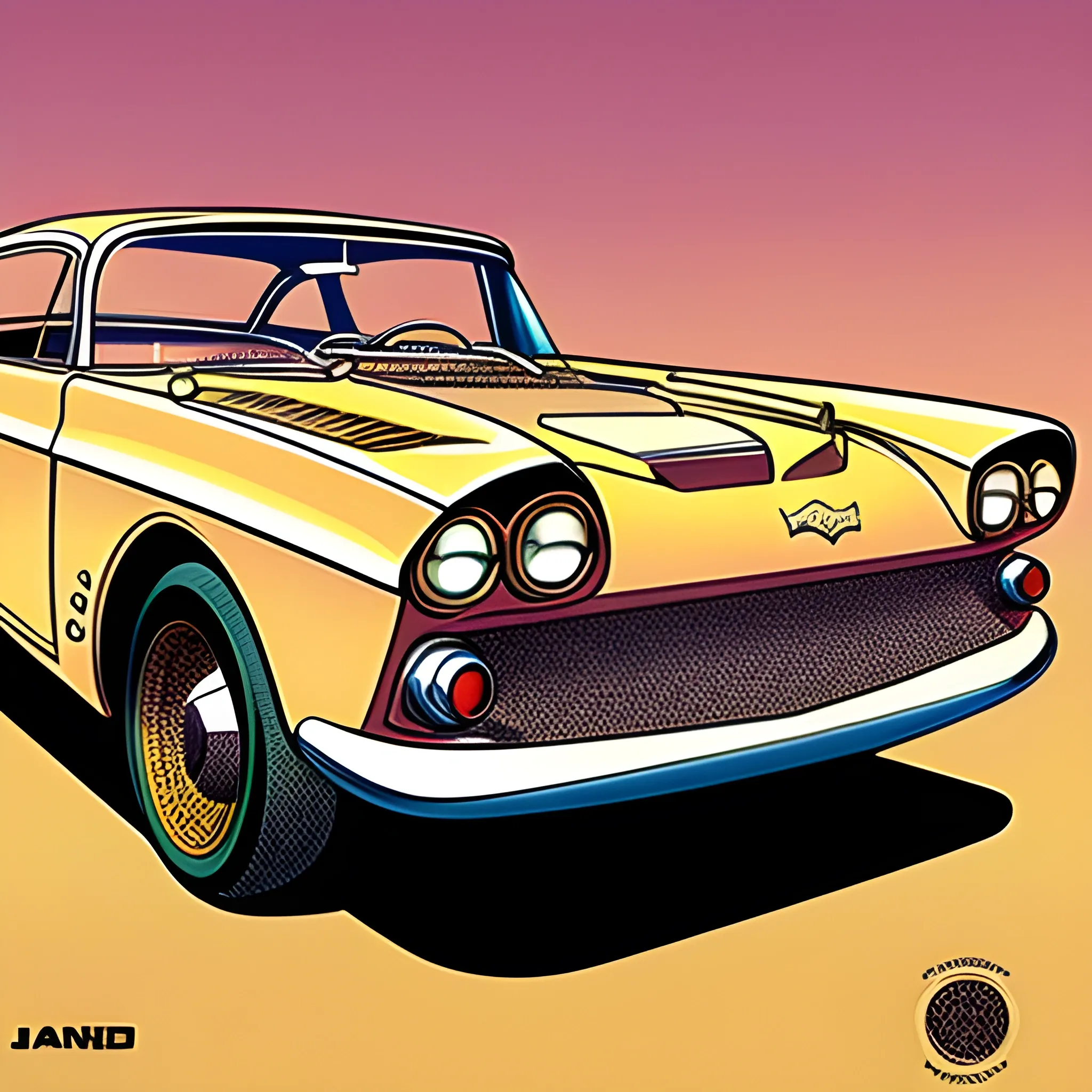 1960's car, tan drawn in Jean Giraud's art style, full view
