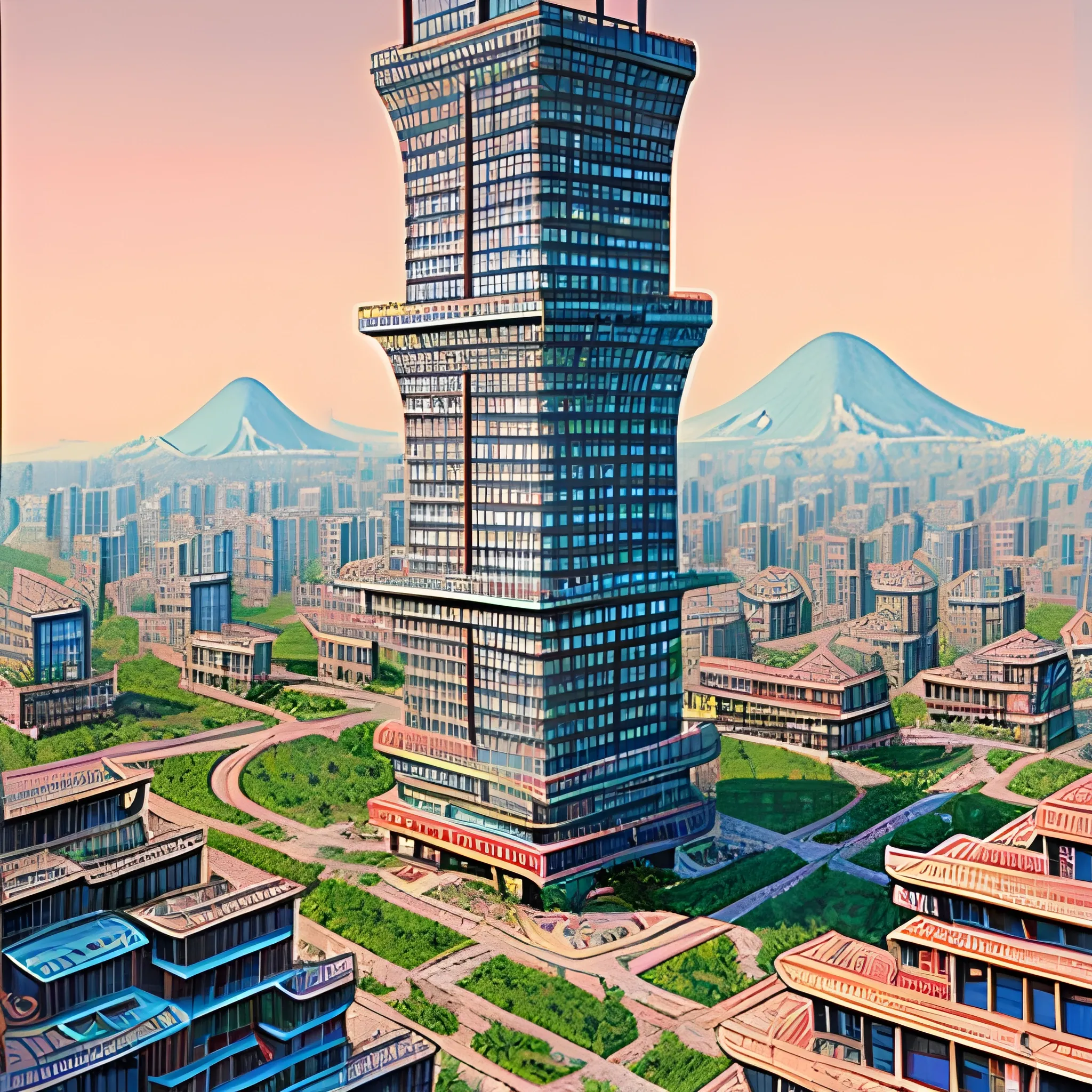 1960 Chinese city, with a mix of modern architecture, drawn in Jean Giraud's art style, full view
