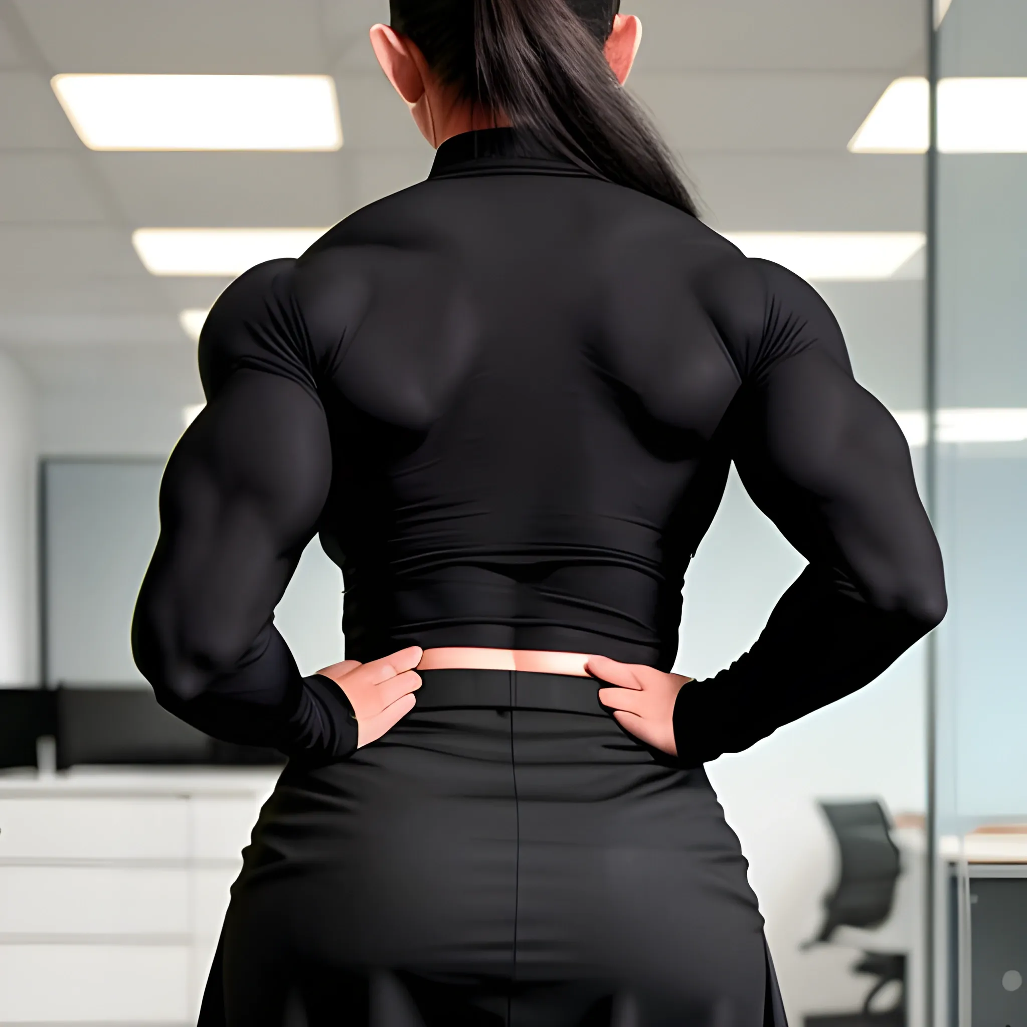 20 year old hyper muscle woman female bodybuilder wearing a black business skirt, wearing black rimmed eyeglasses, wearing a long sleeve white business shirt walking in office, view from back