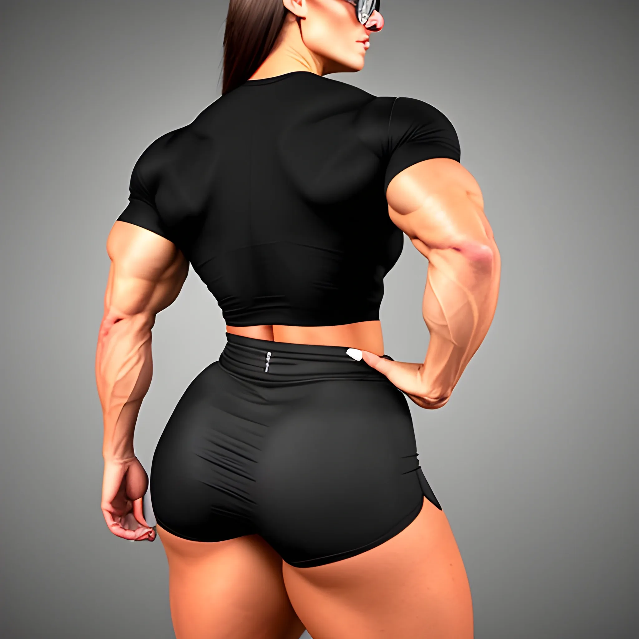 20 year old hyper muscle woman female bodybuilder with firm muscular buttocks, wearing a pencil skirt, wearing short sleeve shirt, wearing black rimmed eyeglasses, walking in a school, view from back