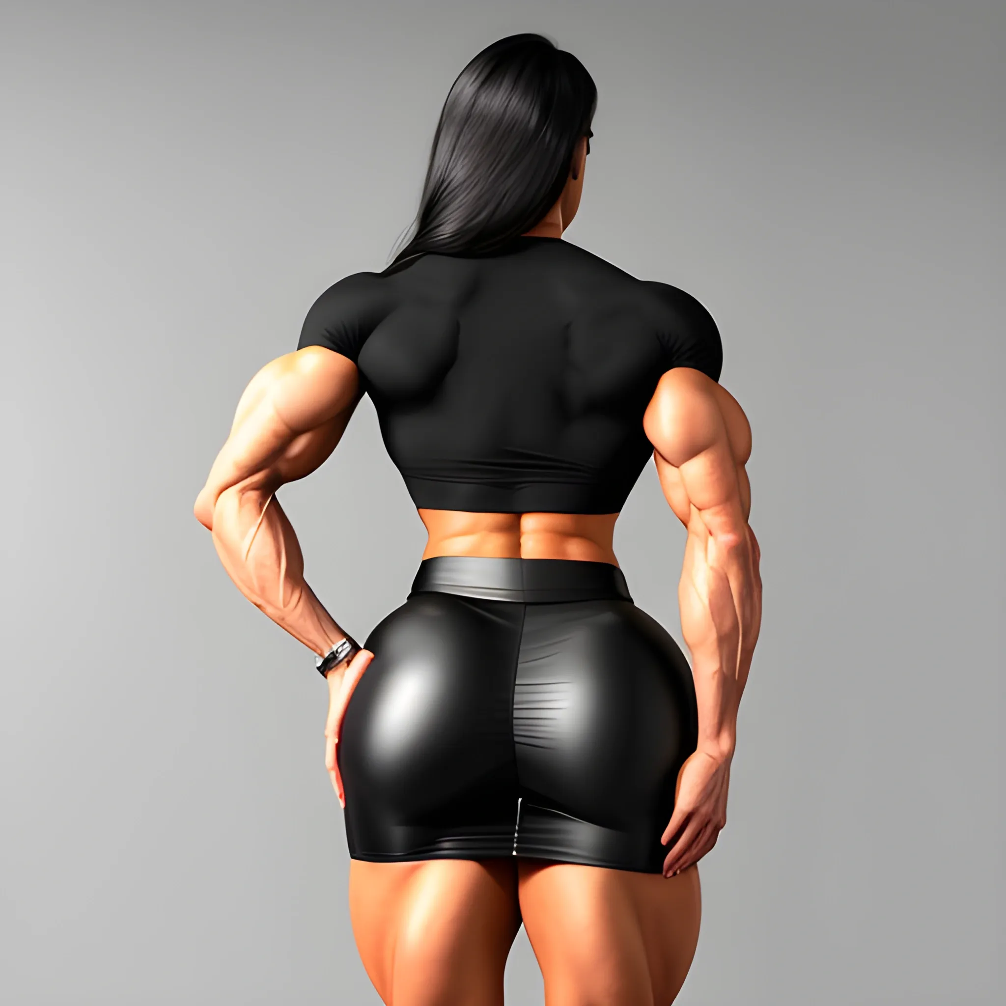 20 year old hyper muscle woman female bodybuilder with firm muscular buttocks, with petite waist and slim hips, wearing a pencil skirt, wearing short sleeve shirt, wearing black rimmed eyeglasses, walking in a school, view from back