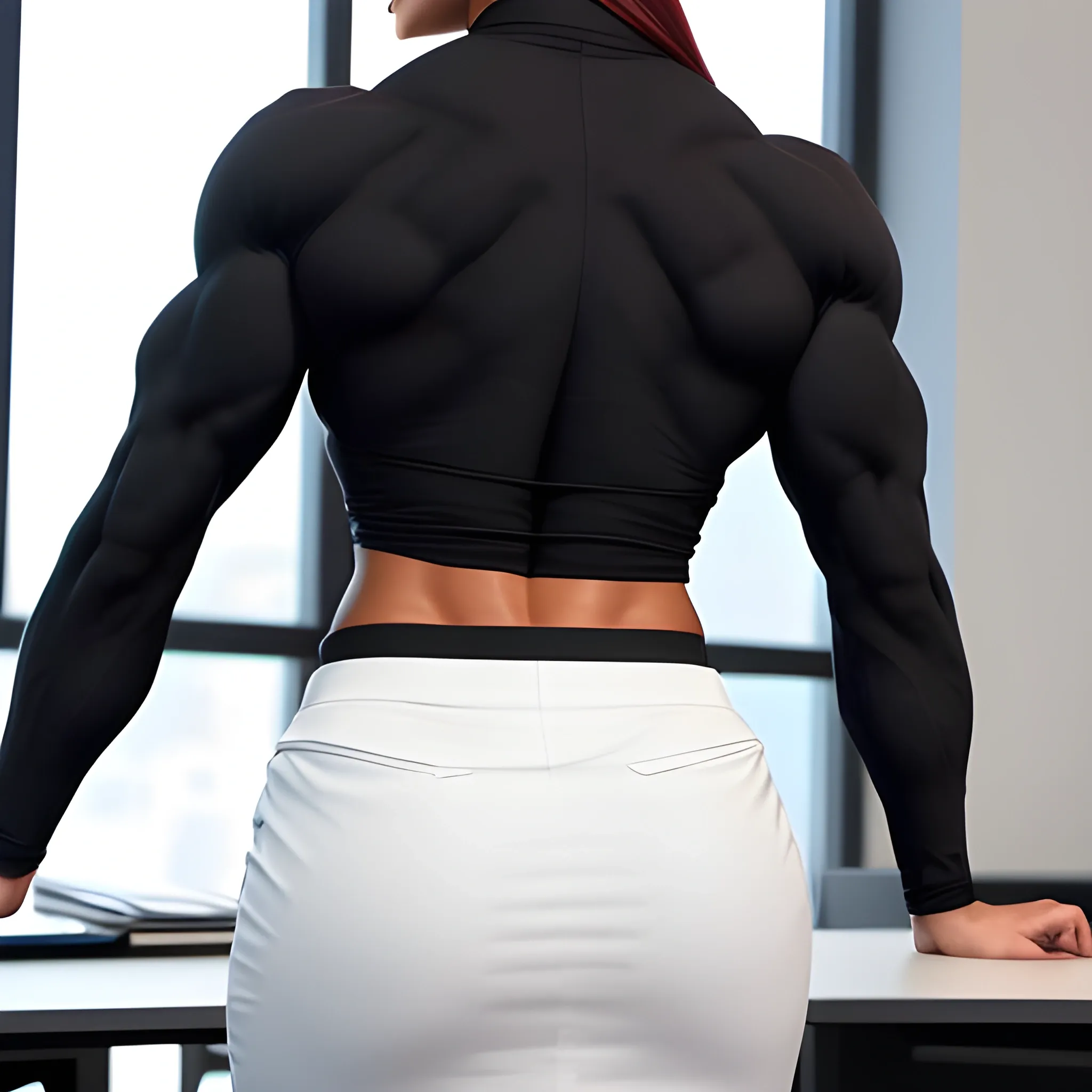 20 year old hyper muscle woman female bodybuilder with firm muscular buttocks, with petite waist and slim hips, wearing a black business skirt, wearing black rimmed eyeglasses, wearing a long sleeve white business shirt flexing in office, view from back