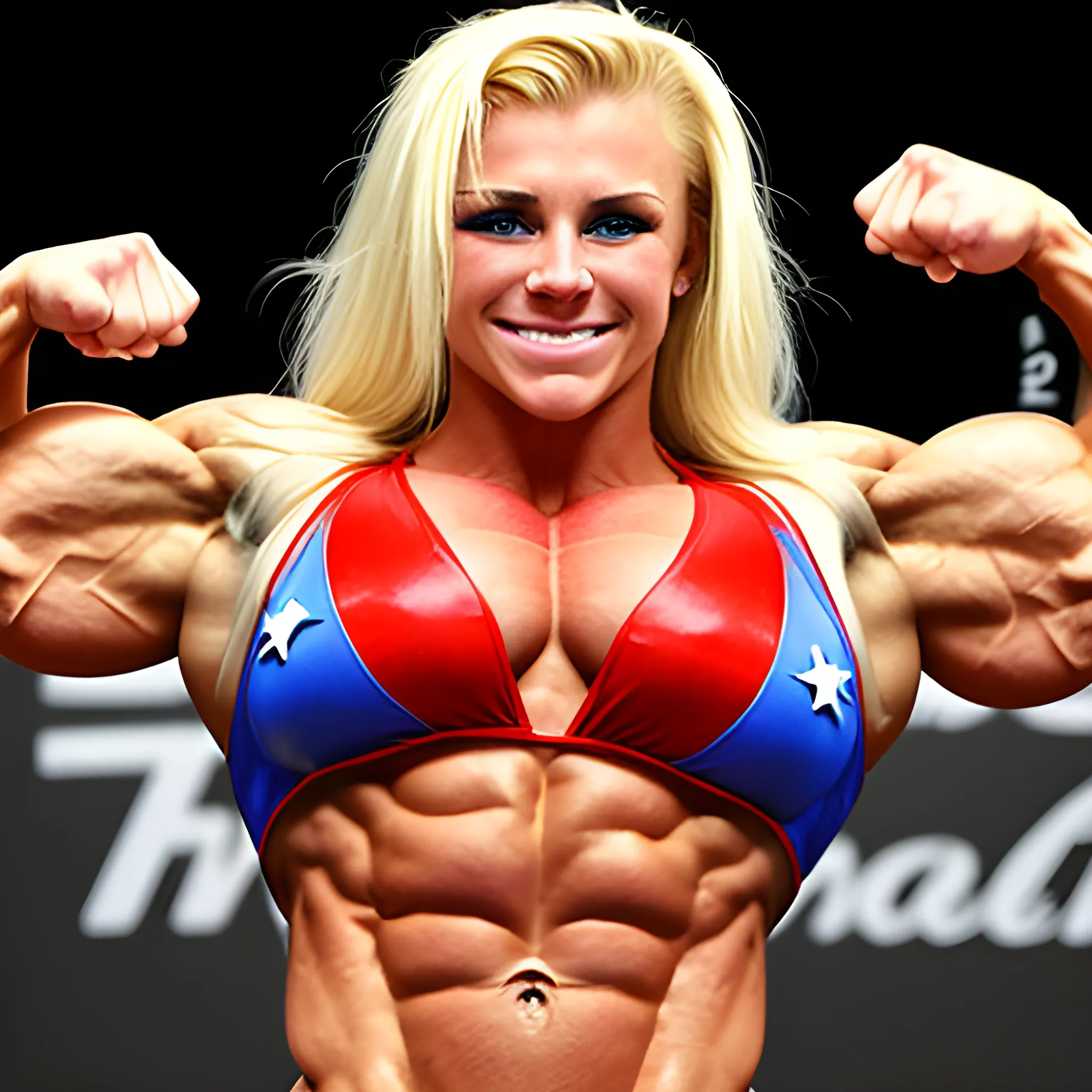 20 year old hyper blonde haired muscle woman female bodybuilder competing