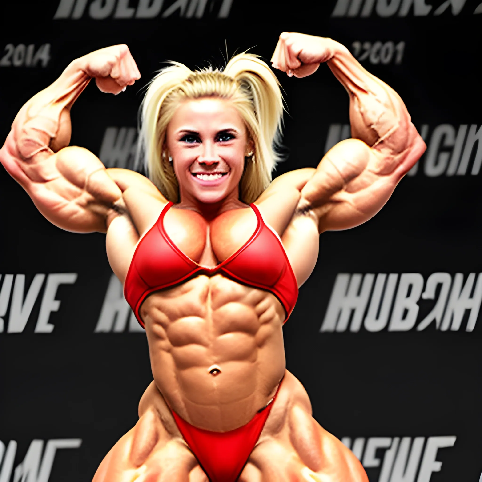 20 year old hyper blonde haired muscle woman female bodybuilder competing