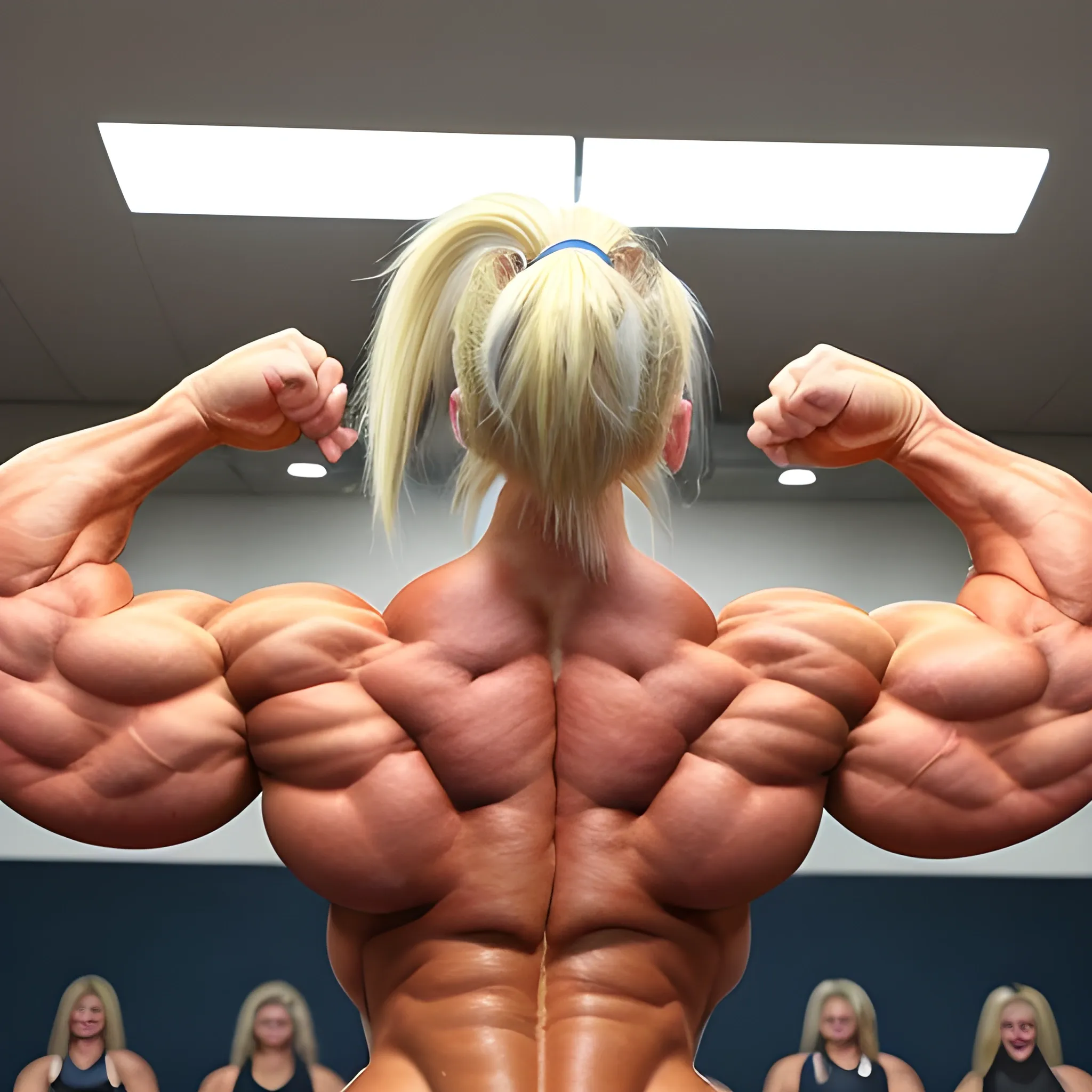 20 year old hyper blonde haired muscle woman female bodybuilder competing view from side