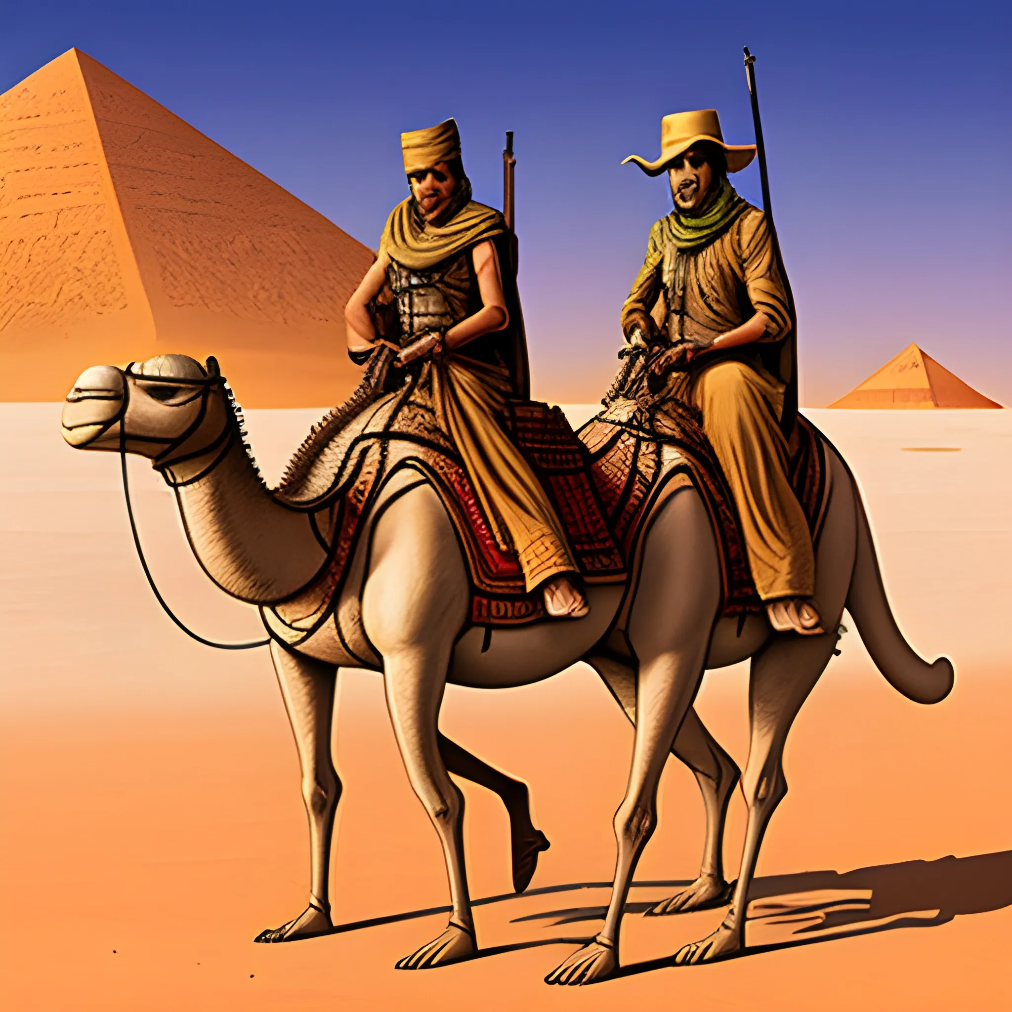 yemen raiders riding no camels with rifle, in thee desert, drawn in Jean Giraud's art style
