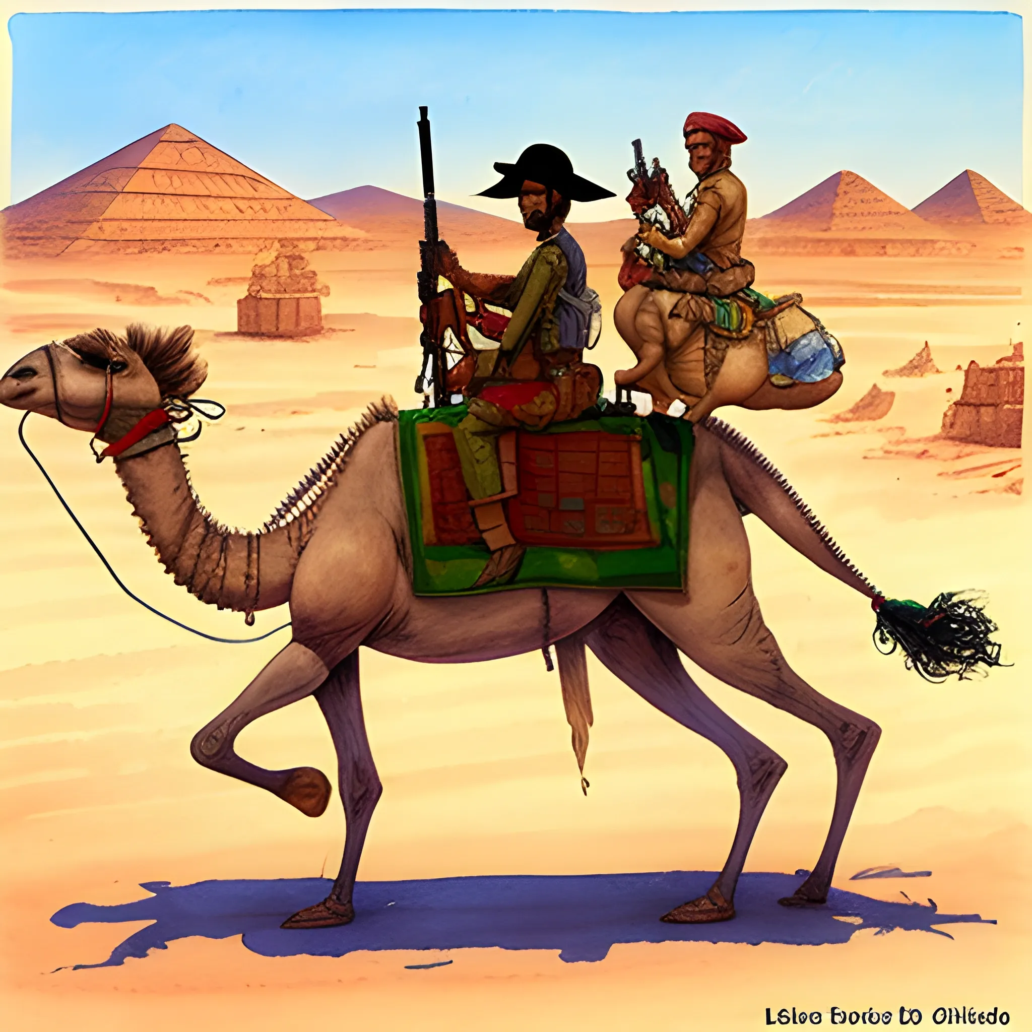 Yemen raider on camel with rifle, drawn Jean Giraud's art style, Cartoon, Pencil Sketch, Water Color, Oil Painting