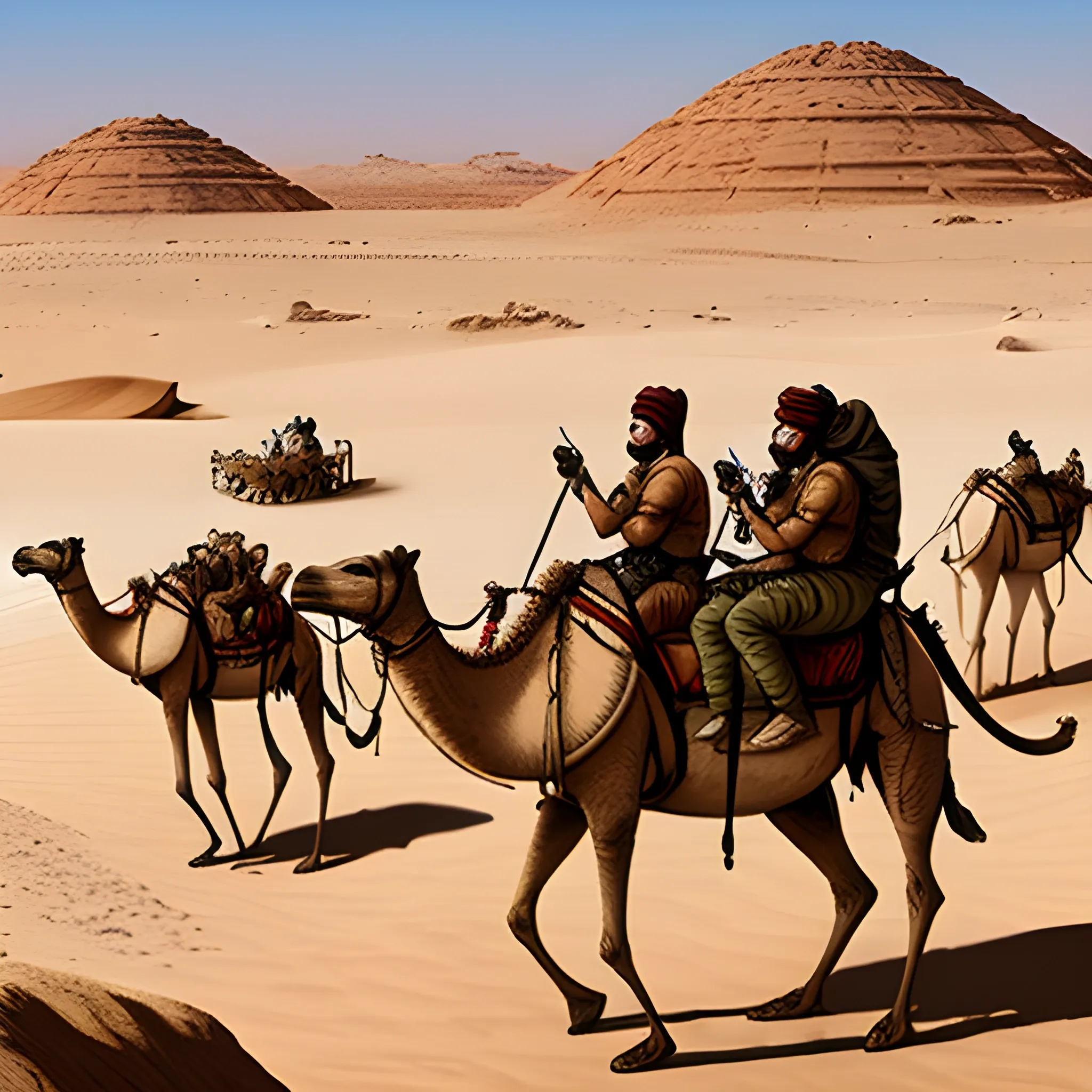 yemini raidres on camels with rifles, Cartoon