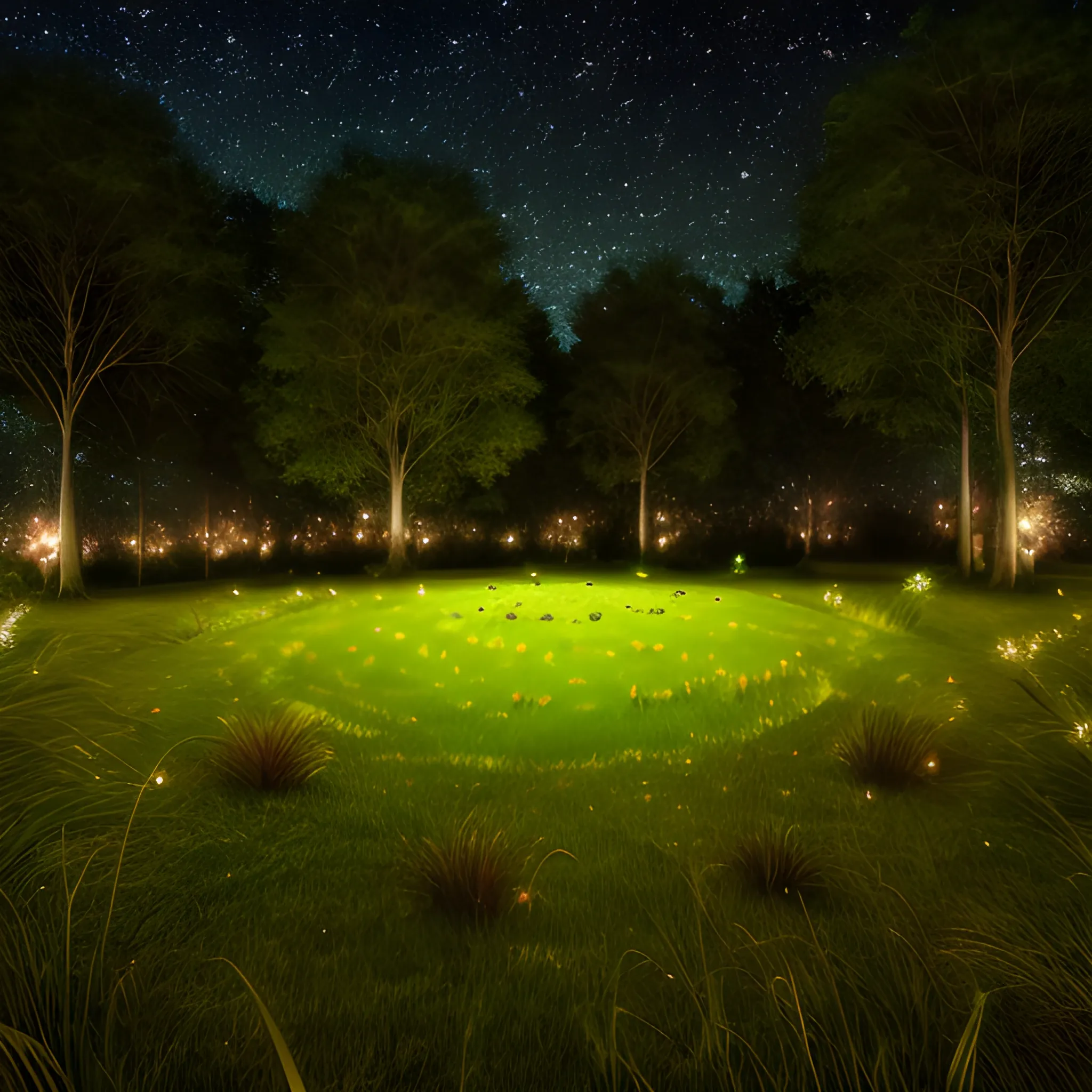 A magical grassy ground at night