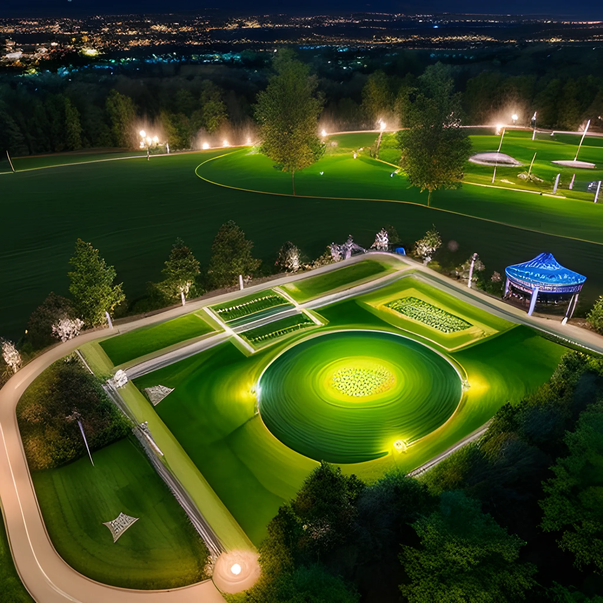 A magical grassy ground at night, realistyc, seen from above