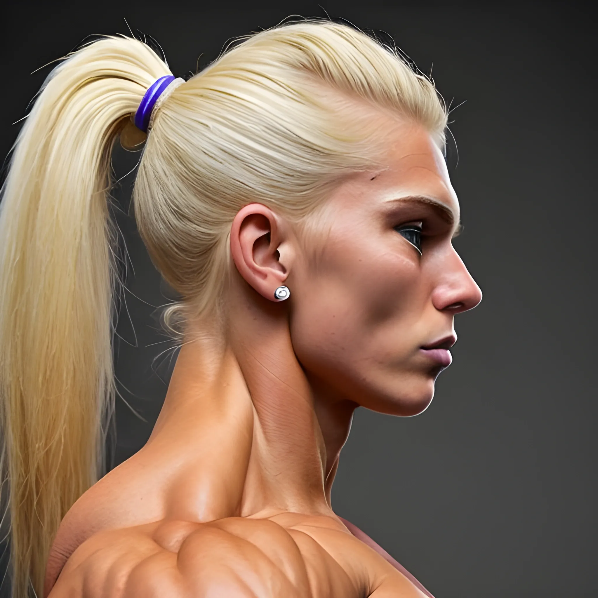 20 year old blonde haired super musculature woman female bodybuilder competing, striated pecs, view from side 