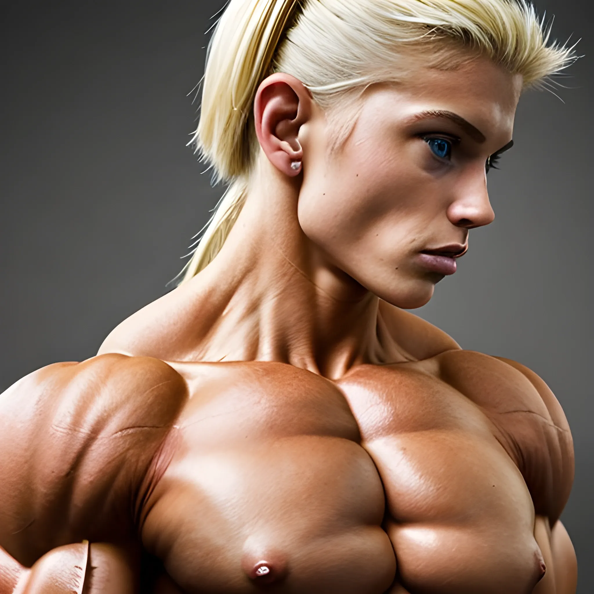 20 year old blonde haired super musculature woman female bodybuilder competing, striated pecs, view from side 