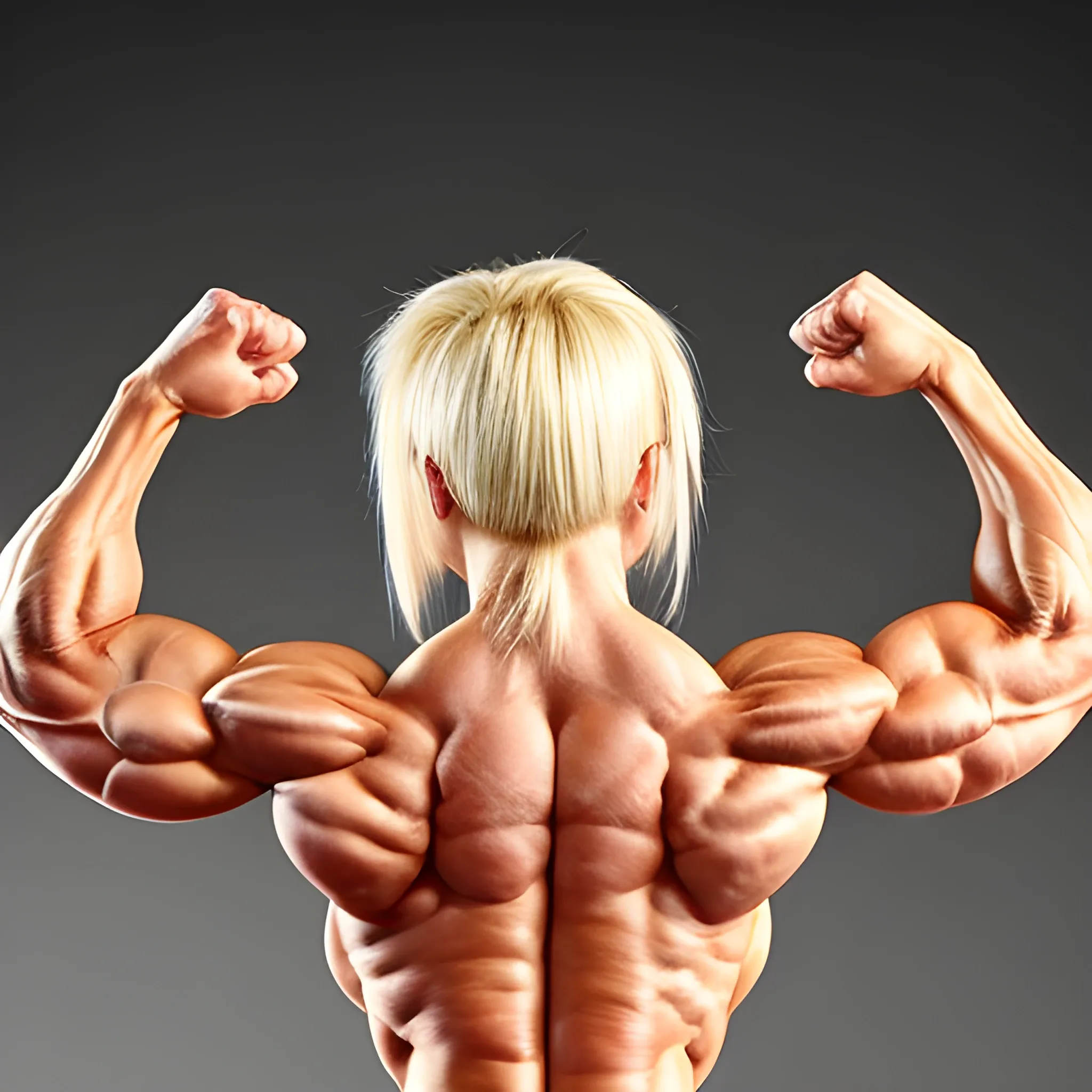 20 year old blonde haired super musculature woman female bodybuilder competing, striated pecs, view from side 