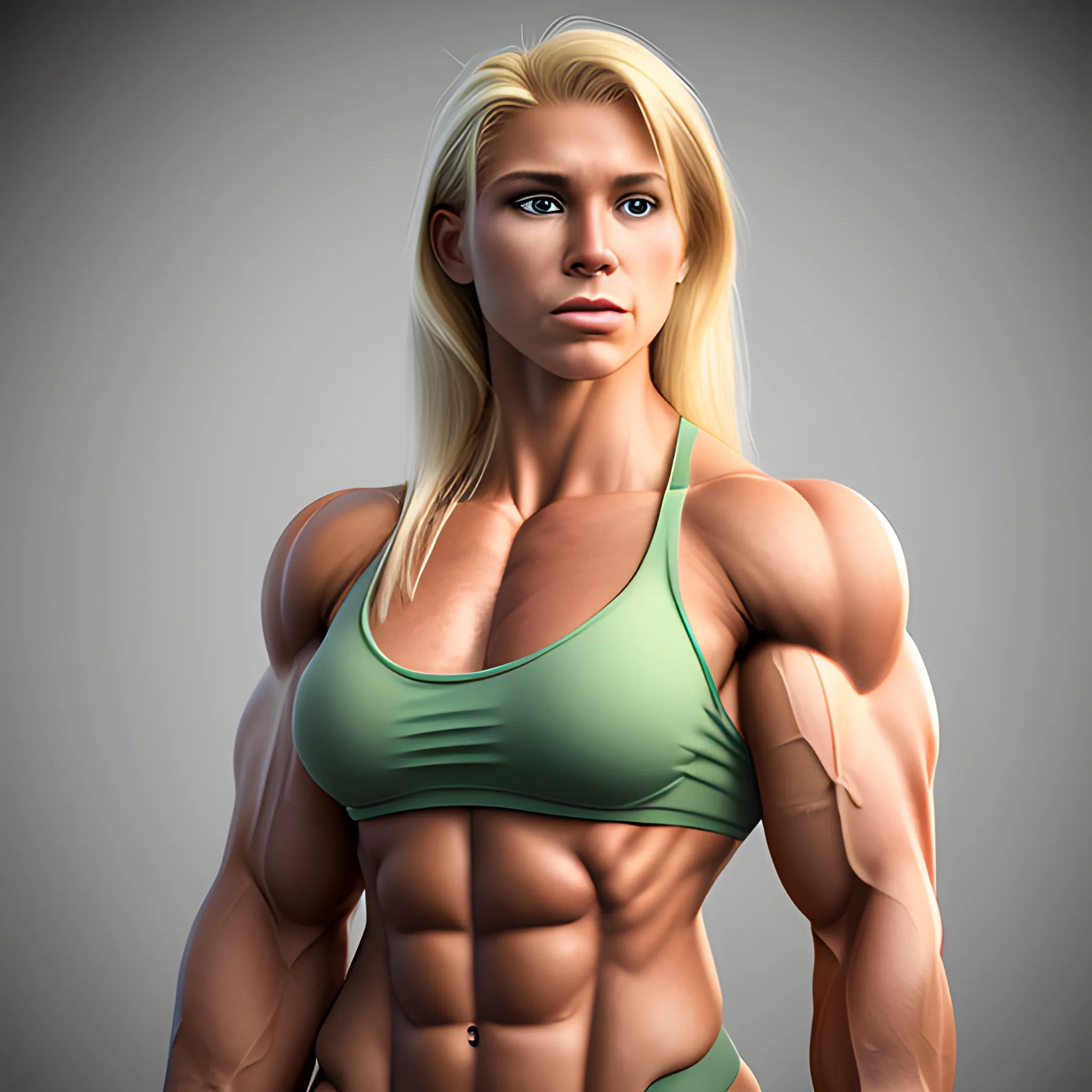 photorealistic 20 year old blonde haired muscle woman