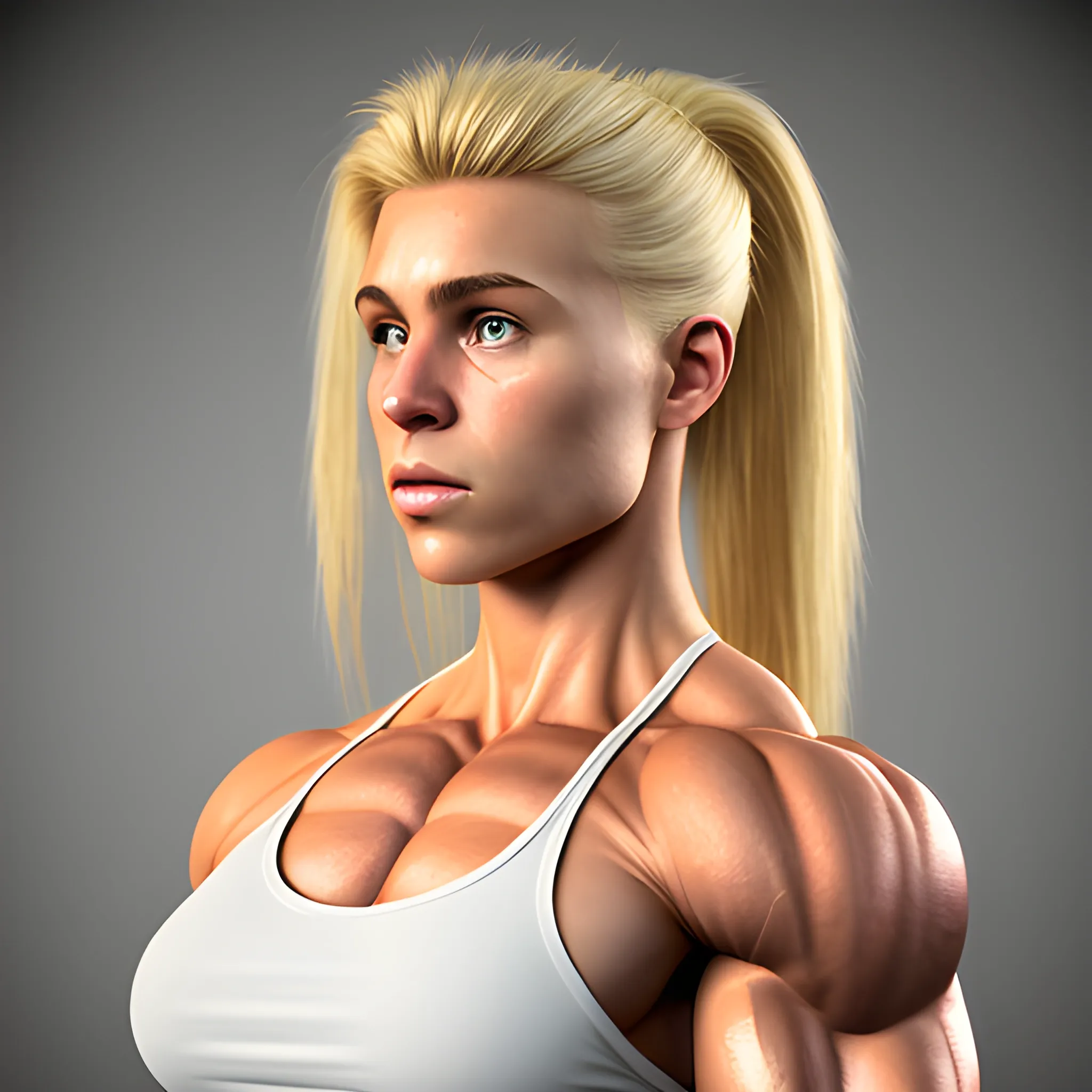 photorealistic 20 year old blonde haired muscle woman